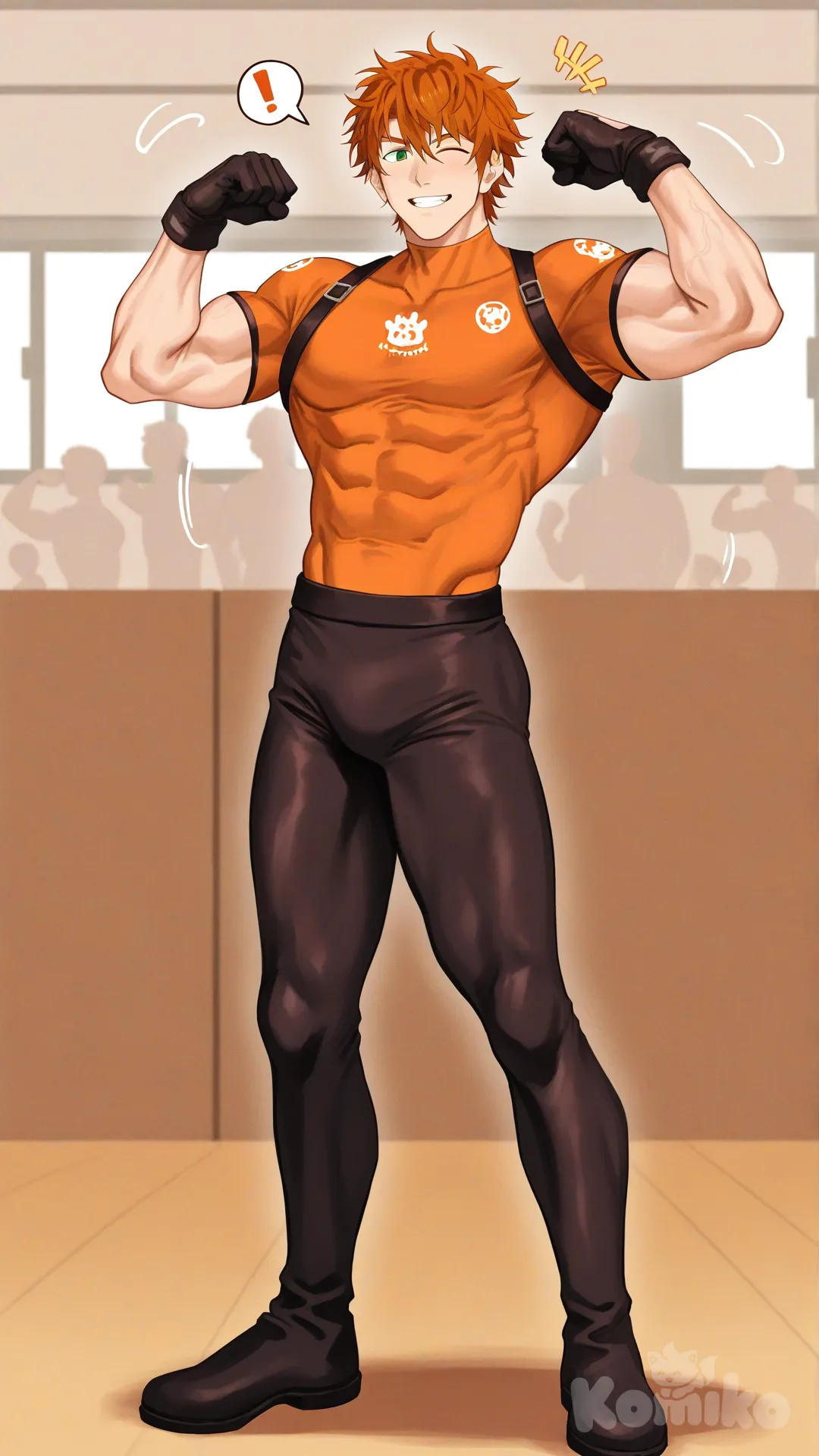 1boy, solo, cheered by children, kindergarten, class, front profile view, sound effect,

Characters:
First person: Superhero, Bryce Callahan, Jock Studio, muscular body, messy orange hair, green eyes, fair skin tone, black gloves, he's wearing three tone orange with white and black strap tight suit, superhero suit, [serious-man-style], full body, standing, one eye closed, smile, flexing, looking at viewer