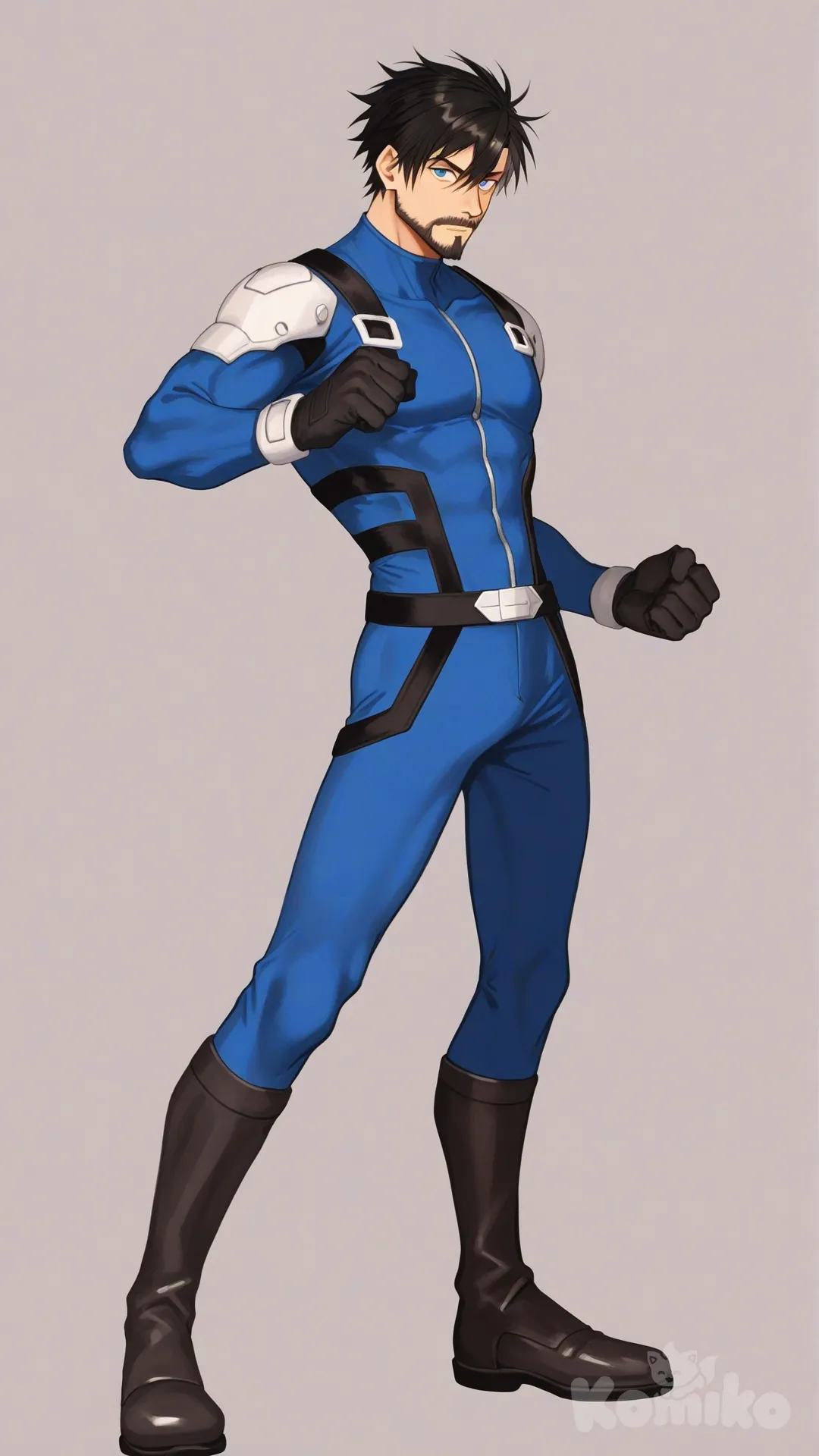 1boy, solo, looking at viewer, front profile photo, white background,

Characters:
First character: Superhero, Avan Geiserford, Jock Studio, slim-fit body, mature, short side part cut hairstyle black hair color, bearded, cyan eyes, fair skin tone, black gloves, he's wearing three tone blue with black and white strap tight suit, superhero suit, [serious-man-style], full body, standing, fighting stance