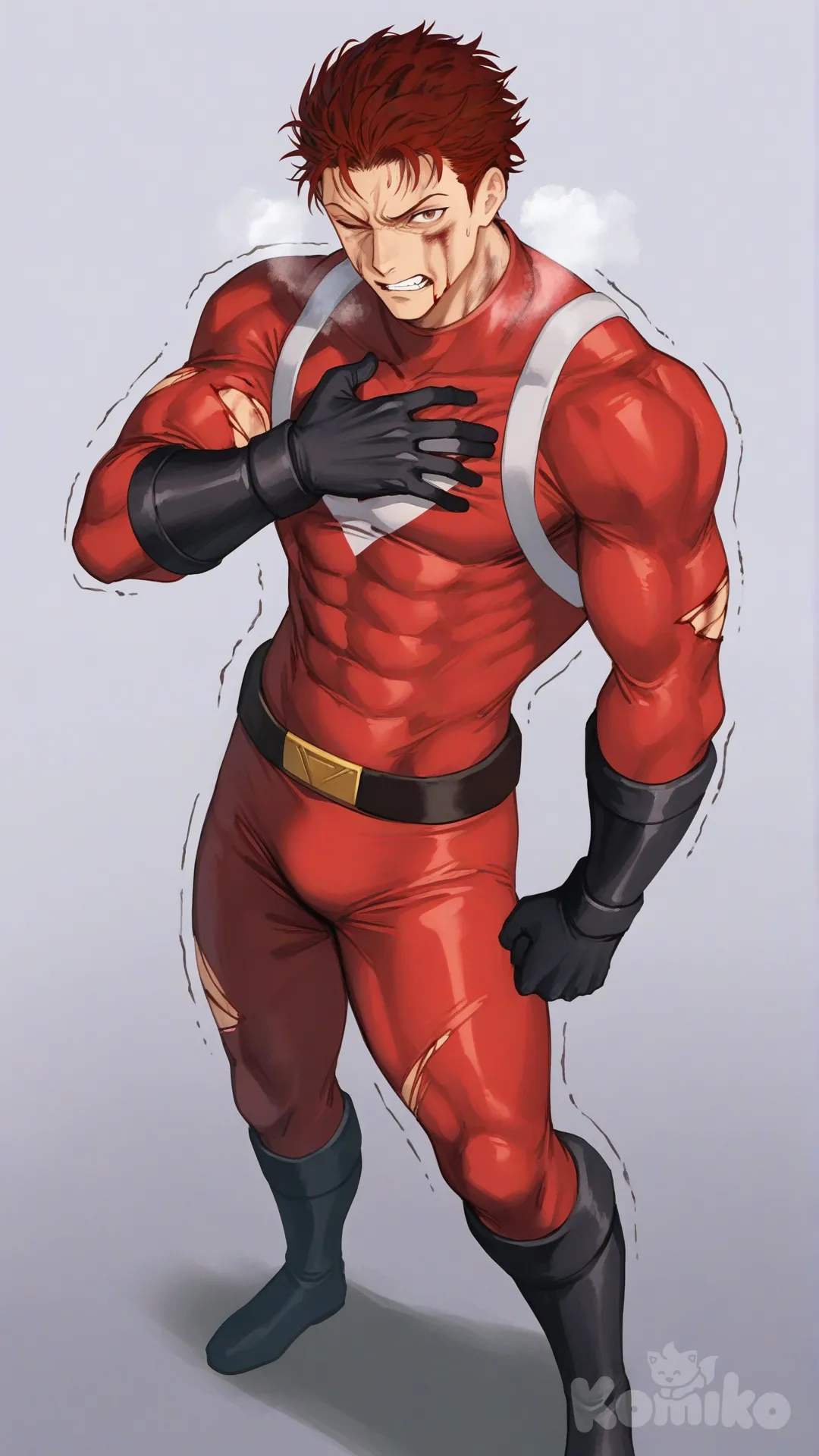 1boy, solo, white background, front profile photo, 

Characters:
First character: Superhero, Derek Kingsfield, Jock Studio, muscular body, brown eyes, short dark red hair, warm peach skin tone, black gloves, he's wearing three tone red with black and white strap tight suit, superhero suit, [serious-man-style], full body, standing, wince, Injured, torn suit, bleeding, bruise on face, hand on own chest, heavy breathing, one eye closed, trembling