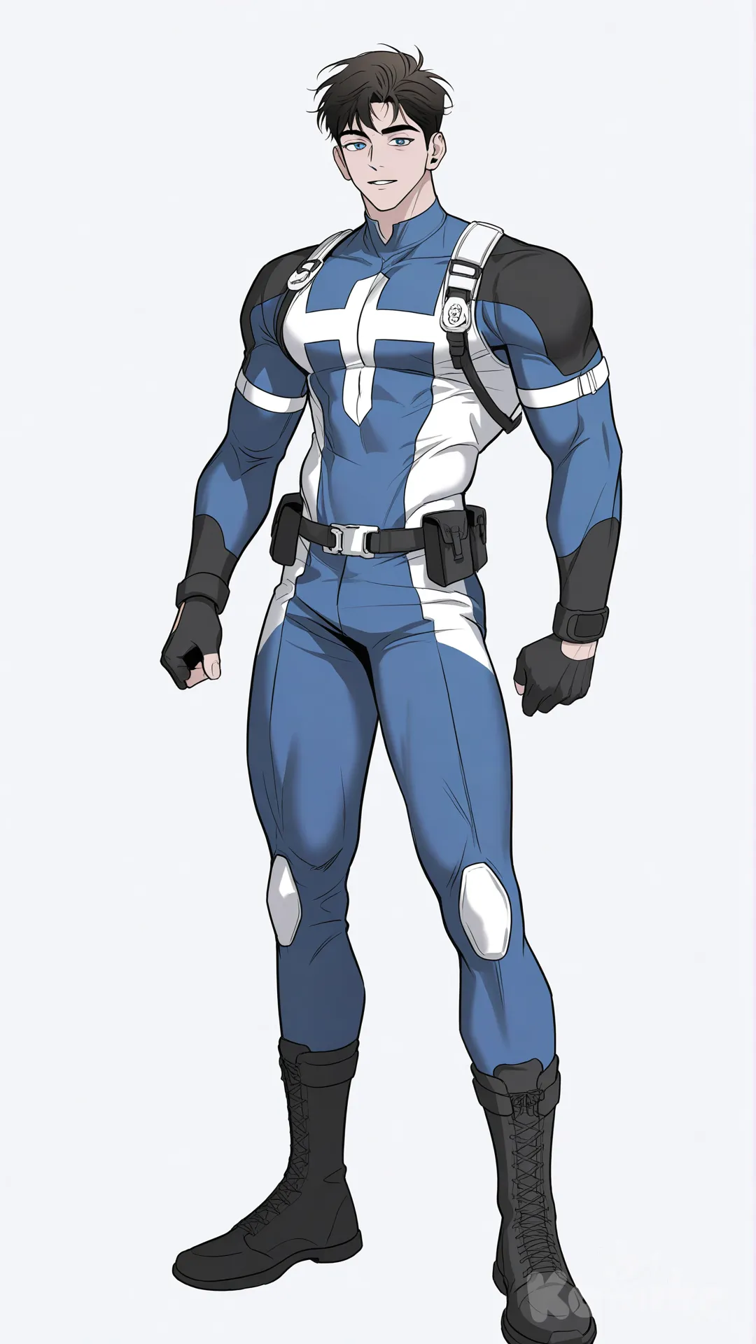 1boy, solo, looking at viewer, front profile photo, white background,

Characters:
First character: Superhero, Avan Geiserford, Jock Studio, slim-fit body, mature, short side part cut hairstyle black hair color, cyan eyes, fair skin tone, black gloves, black boots, he's wearing three tone blue with black and white strap tight suit, superhero suit, [muscular-manhwa-style], full body, standing