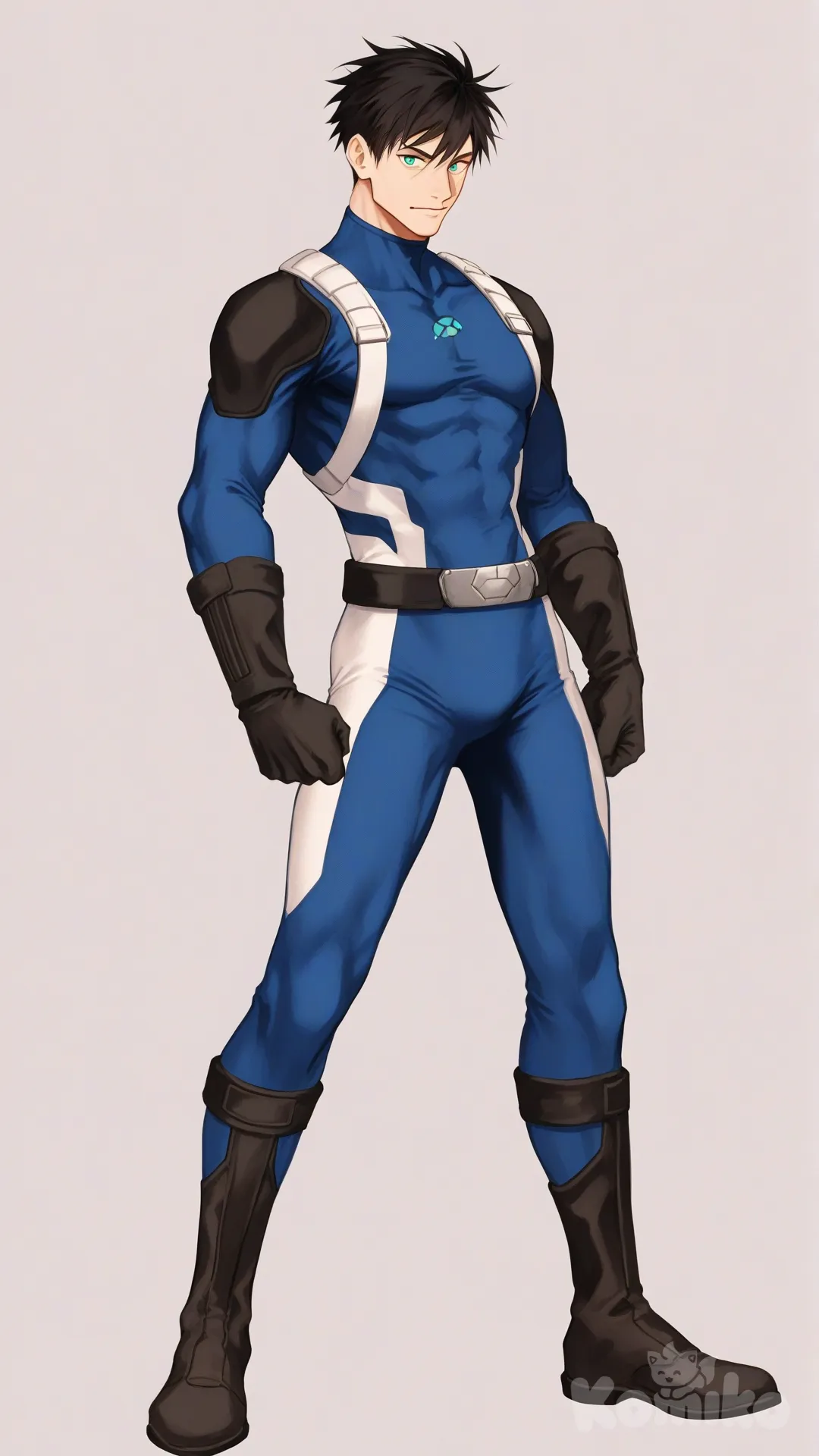 1boy, solo, looking at viewer, front profile photo, white background,

Characters:
First character: Superhero, Avan Geiserford, Jock Studio, slim-fit body, mature, short side part cut hairstyle black hair color, cyan eyes, fair skin tone, black gloves, wears three tone blue with black and white strap tight suit, superhero suit, [serious-man-style], full body, standing