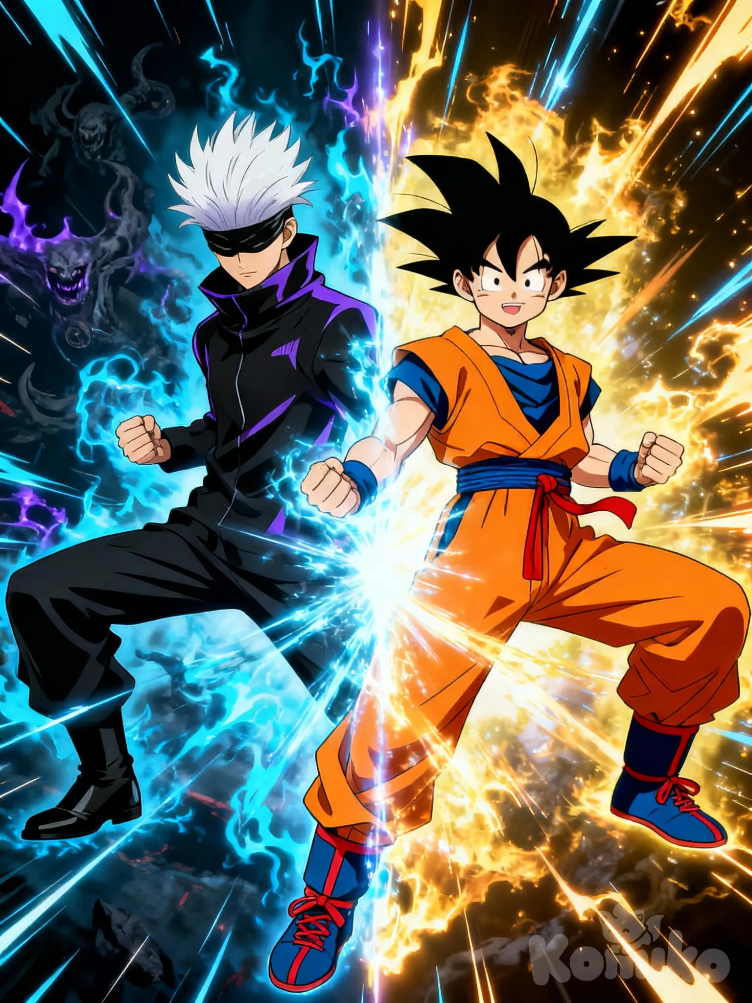 Gojo plus Goku tag team, @Gojou_Satoru, @goku-Opyn Half One half other
