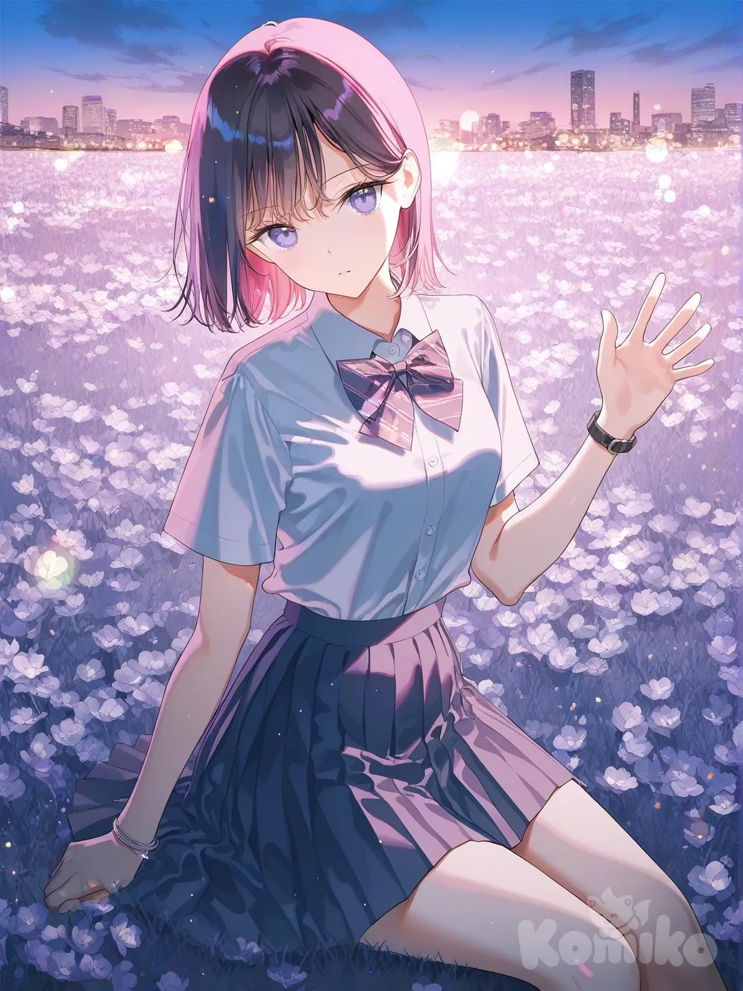 @Ieiri_Shoko, expressionless, sitting on the ground, head tilt, waving, pleated skirt, t-shirt, tassels, bracelet, quartz watch, jewelry, bow tie, dreadlocks, fuchsia, from above, sparkle, night, city lights, neon lights, cloud, blue sky, field, garden, [iridescent-style]