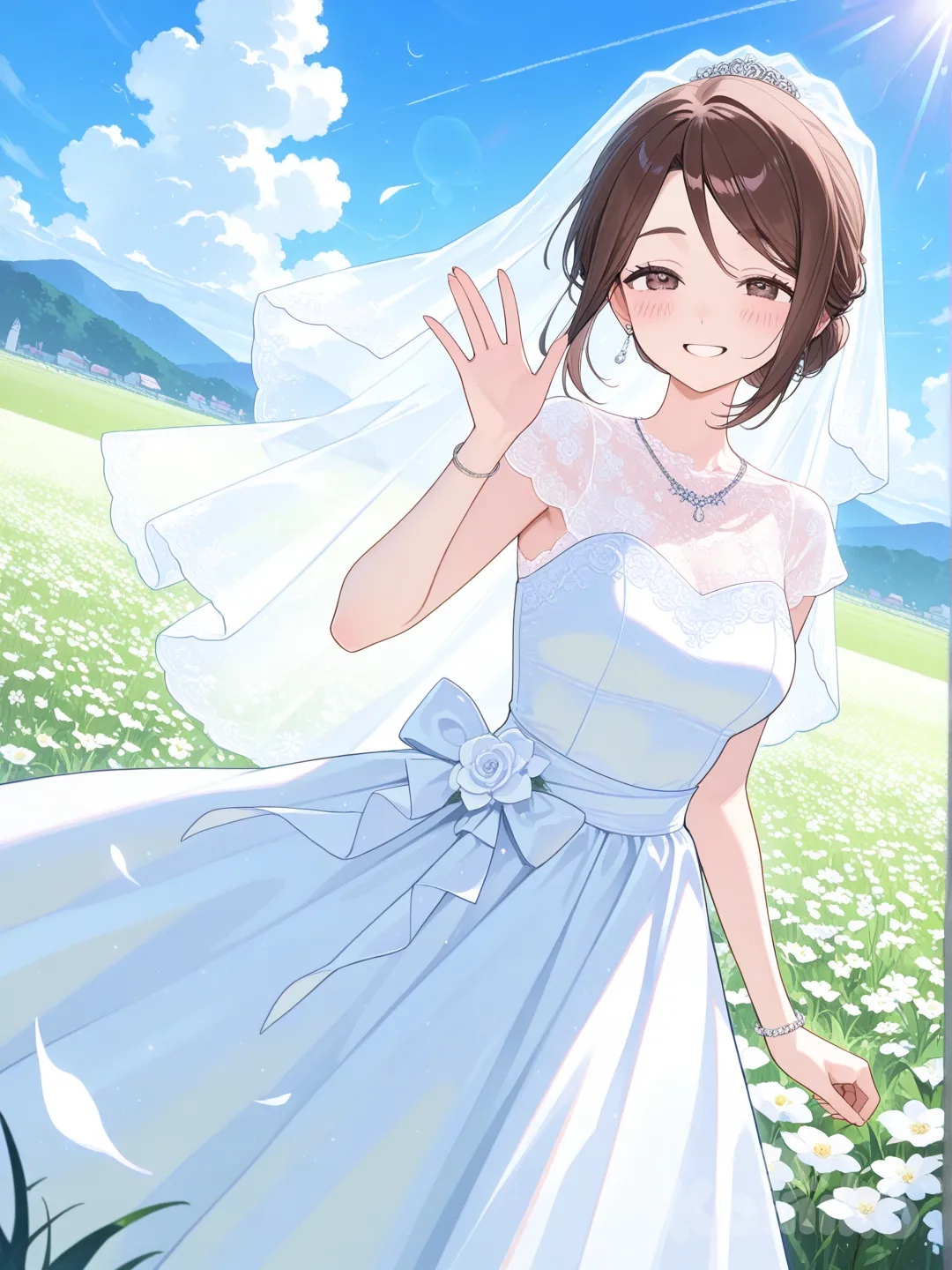 @Ieiri_Shoko mặc váy cưới , 1girl, waving, blush, smile, lace, wedding veil, earrings, necklace, jewelry, diamonds, bracelet, bun, blue sky, cloud, field