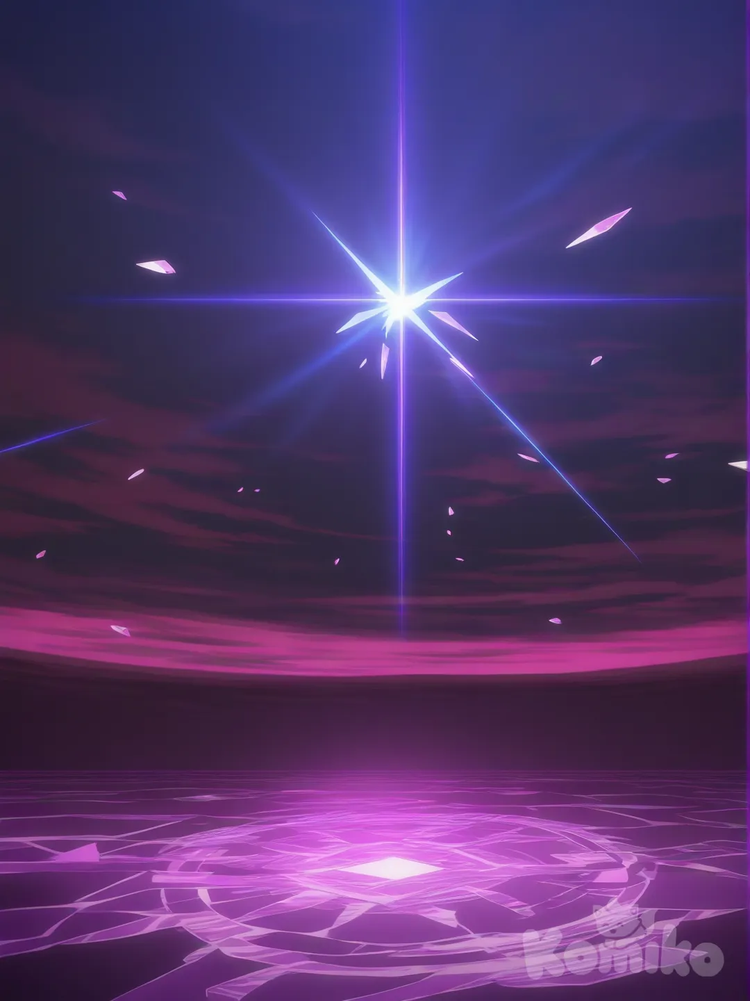 [flat-anime-style] Anime epic landscape, infinite floating crystal labyrinth glowing blue-purple-magenta, massive jagged glass shards orbiting chaotic paths, ground of shattered mosaic tiles reforming constantly. Central vortex portal swirling rainbow shards, dramatic god rays piercing crystal tunnels, wind trails through formations. Dark foggy background, highly glass refractions, cinematic lighting, wide angle shot, split-screen ready.