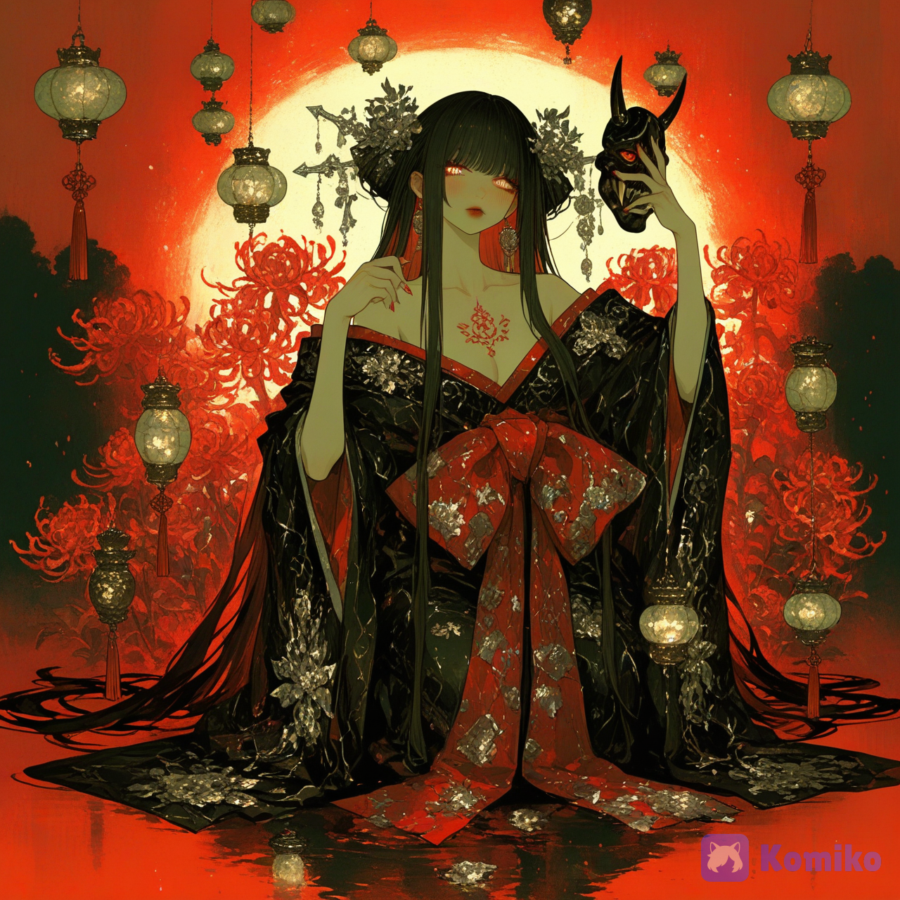 1girl, black hair, loose hair, ultra newest, anime illustration, semi-realistic anime, fantasy art, highly painterly rendering, elegant brush strokes, soft cel shading, crisp lineart, cinematic composition, dramatic lighting, intricate details, dark fantasy, Japanese mythology, gothic elegance, mystical atmosphere A breathtaking beautiful young girl with an elegant East Asian appearance, long eyelashes, mesmerizing crimson-red eyes with subtle glowing pupils. Long silky jet-black hair reaching below her waist, partially styled into an elaborate traditional Japanese updo, decorated with luxurious silver floral kanzashi hair ornaments, pearls, chains, dangling tassels, metallic hairpins, tiny flowers, intricate handcrafted accessories, holding red parasol, red fingernails, nail polish, toenail polish, cherry red lips, lipstick, cherry blush, standing on wooden deck, Chinese lanterns floating down river behind her, Oni bride, She holds an enormous ancient oni mask covering the left side of her face. The mask is forged from aged dark red metal with engraved demonic carvings, weathered texture, ornamental patterns, sharp curved horns, glowing white eyes with faint red aura, long sharp fangs, cracked metallic surface, mystical runes engraved around the forehead, highly intricate ornamental details. She wears a luxurious black kimono inspired by dark fantasy, partially slipping off one shoulder, decorated with antique gold embroidery, deep crimson inner lining, layered flowing fabric, premium silk texture, elegant folds, wide sleeves, gothic Japanese fashion aesthetic. Covering her shoulder, collarbone, upper chest, and upper arm is a breathtaking red peony floral tattoo, highly Japanese irezumi style with blooming crimson peonies, black leaves, flowing vines, subtle shading, elegant composition wrapping naturally around her body. Long crimson tassel earrings with silver ornaments gently sway beside her face. Behind her hangs an ancient talisman paper with black kanji calligraphy attached to flowing red ribbons, giving an exorcism and supernatural atmosphere. The background is filled with swirling crimson smoke, black mist, glowing embers, floating ash particles, magical sparks, faint demonic aura, subtle fire effects, creating an intense supernatural ambiance without overpowering the character. Dark crimson and black color palette dominates the entire composition, accented by silver metallic reflections and soft warm highlights. Dramatic cinematic lighting from the front with subtle rim lighting around the hair and shoulders, soft glow on the skin, high contrast shadows, volumetric lighting, atmospheric depth, beautiful light scattering. Portrait composition, full body, character centered, shallow depth of field, elegant framing, luxurious details, mysterious beauty, haunting elegance, dark goddess aesthetic, Japanese yokai queen, gothic fantasy empress, premium anime illustration, extremely accessories, ultra intricate costume design, painterly texture, soft cel-shading, anime-style rendering, not photorealistic, stylized like high-end fantasy anime artwork, similar to premium KomikoAI illustration quality., [sweet-painting-style]