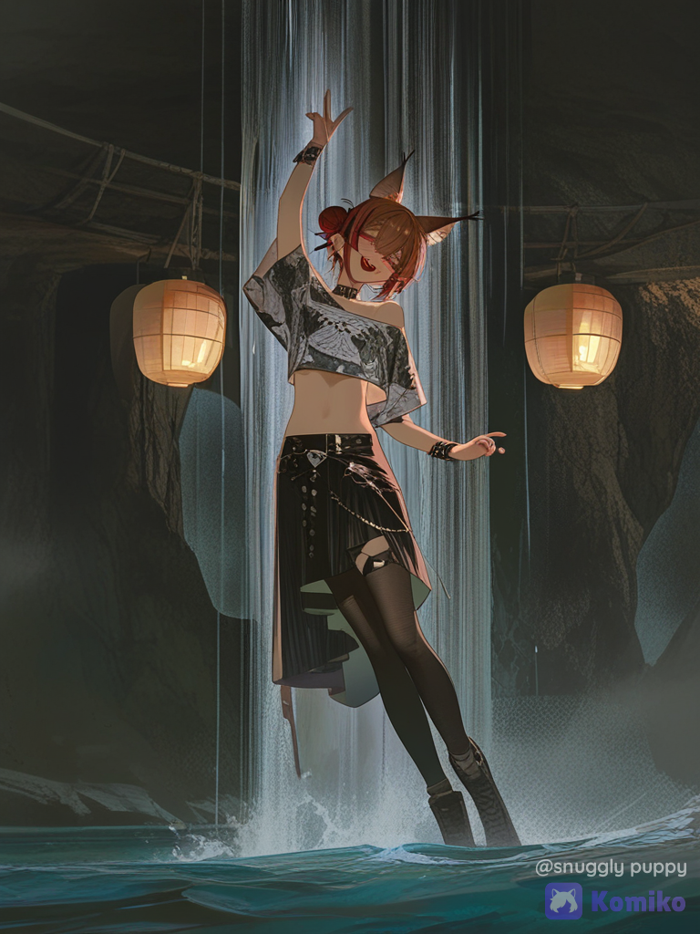 [high-contrast-glossy-style], solo, furry, lynx boy, lynx ears, pointy ears, two-tone fur, (brown fur, white fur), brown head, dark-brown spots, dark-brown hair, short hair, fluffy hair, hair between eyes, streaked hair, red eyes, black pupils, slit pupils, fang, spiked teeth, navel, exposed navel, flat chest, thick thighs, wide chest, left-handed, (black t-shirt, cropped t-shirt, off-shoulder t-shirt, skull print, black skirt, pleated skirt, medium skirt, lowleg skirt), black collar, light smile, half-closed eyes, looking at viewer, facing viewer, v-fingers, no lineart, @tomira-kXfy, @Nyx_(Queen's_Blade), dancing, smile, open mouth, laughing, crop hoodie, oversized hoodie, tube top, high-waist skirt, layer skirt, royal outfit, studs, wool fabric, silk, leather, lace, crown, bracelet, arm bands, hair clip, wings, high bun, red hair, combat boots, stockings, gradient, olive green, navy blue, burgundy, charcoal black, full body, studio lighting, lantern festival, waterfall, cave