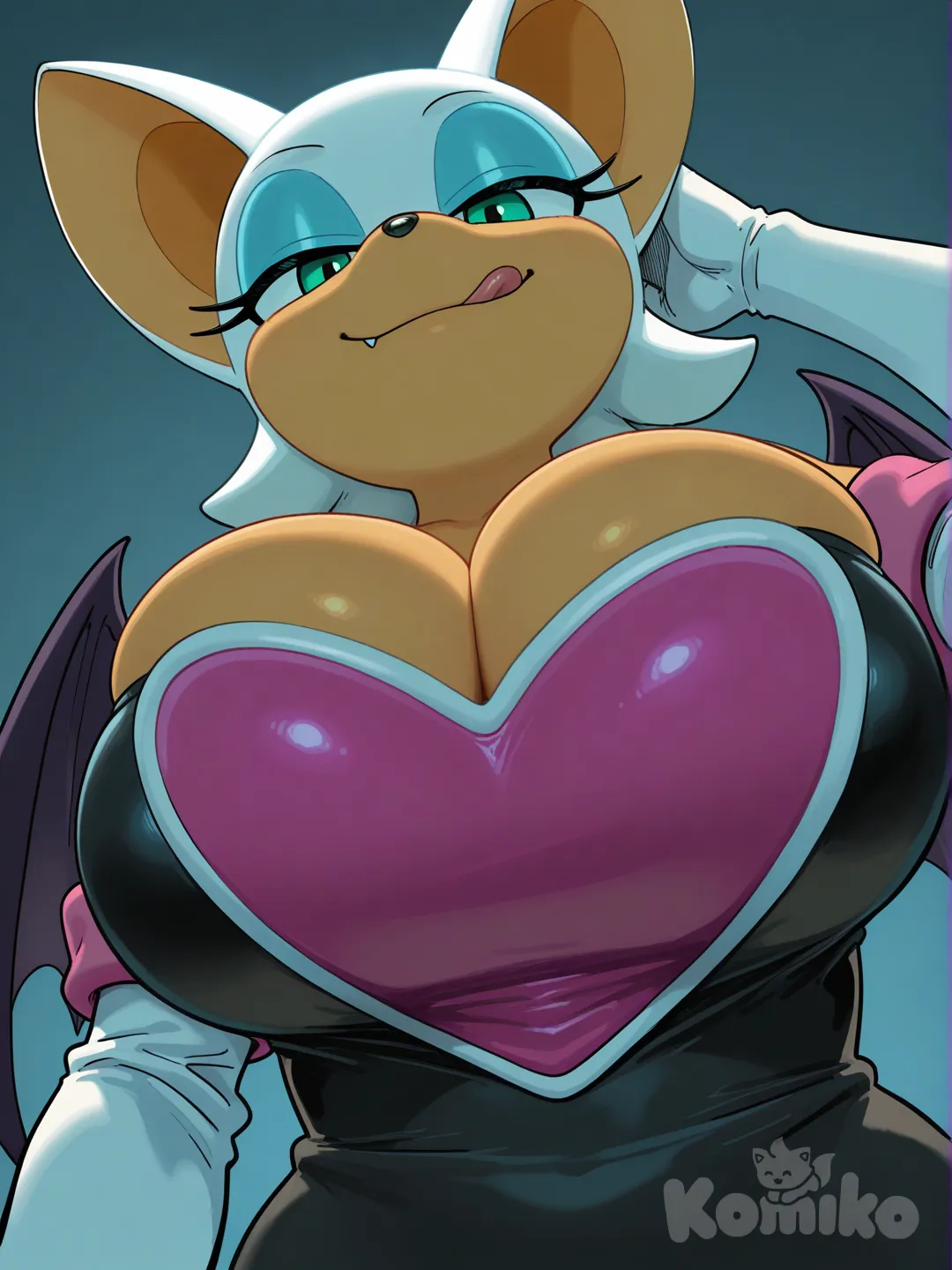 rouge the bat, furry, huge breasts, cleavage, pushed up cleavage, skindentation, from below, moody lighting, licking lips, close-up, [realistic-furry-style], looking at viewer, female pervert, you gonna get raped, hand on viewer's head