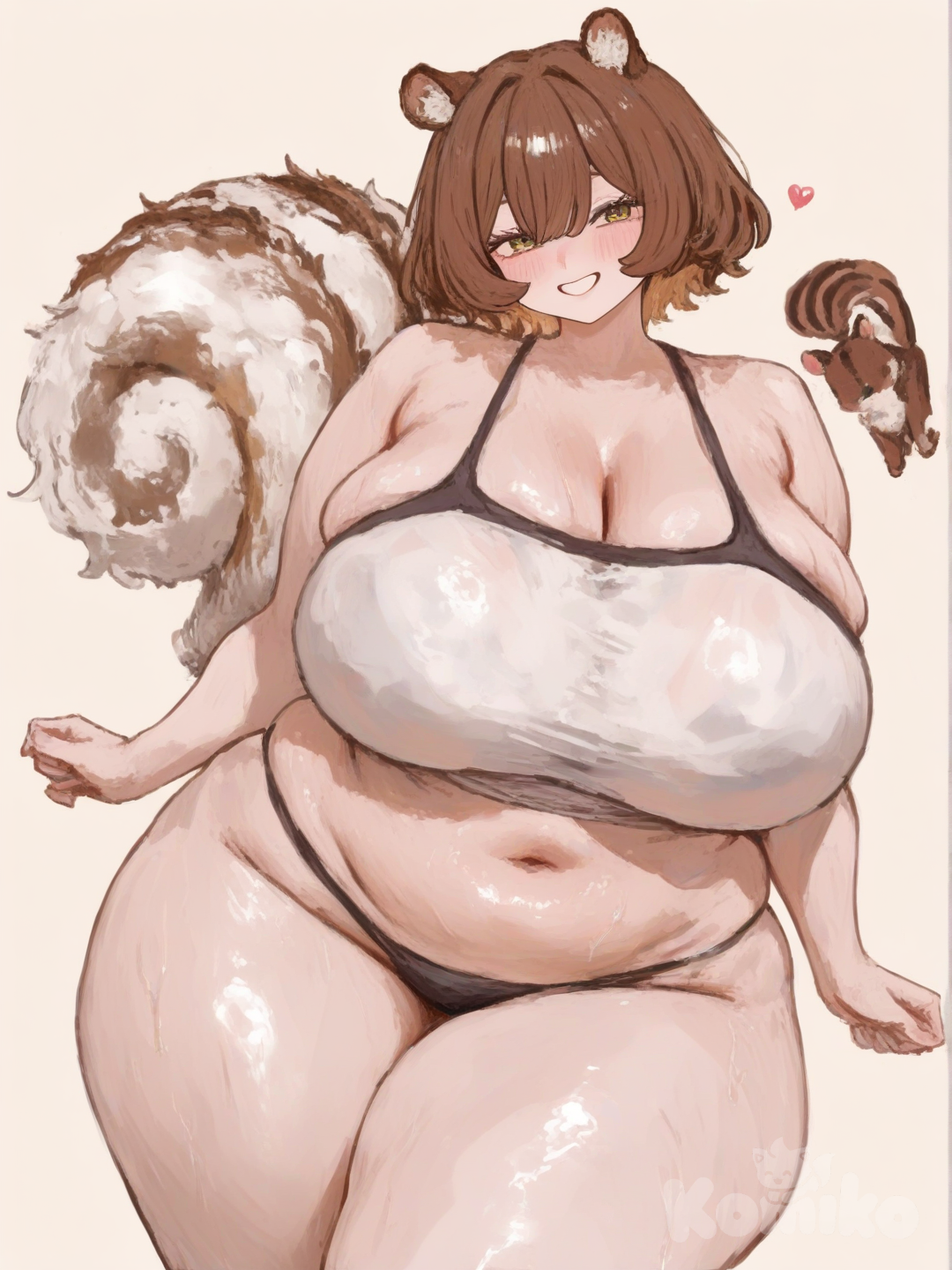 squirrel girl, plump, chubby female, huge breasts, thick thighs, [sweet-painting-style]