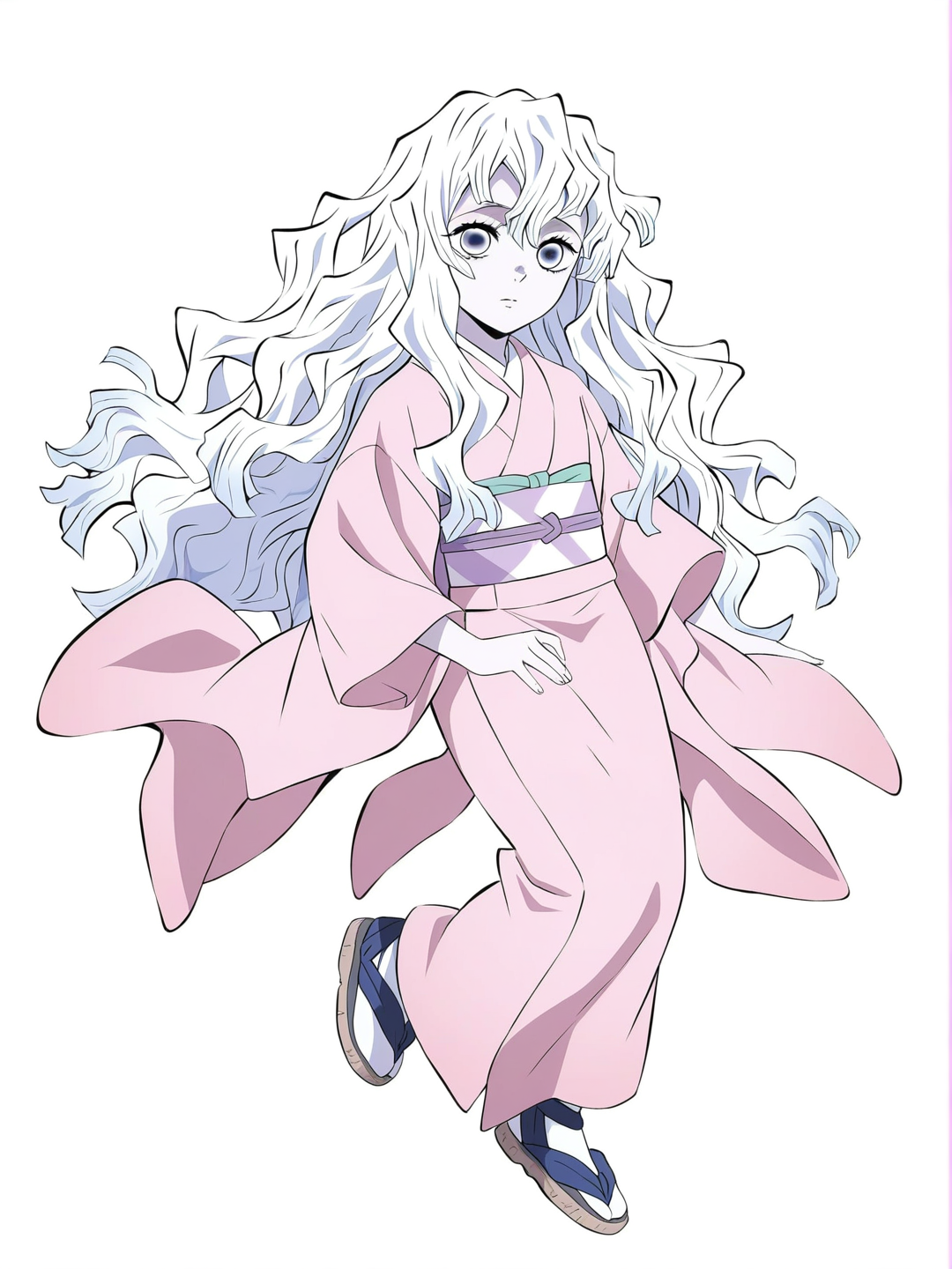 [bright-anime-style] 1girl, demon slayer style, teenager, tall, white hair, black-tipped hair, wavy hair, long hair, grey eyes, pale skin, light pink kimono, white flowers on kimono, single character, full body, looking at viewer, anime style, simple background, white background
