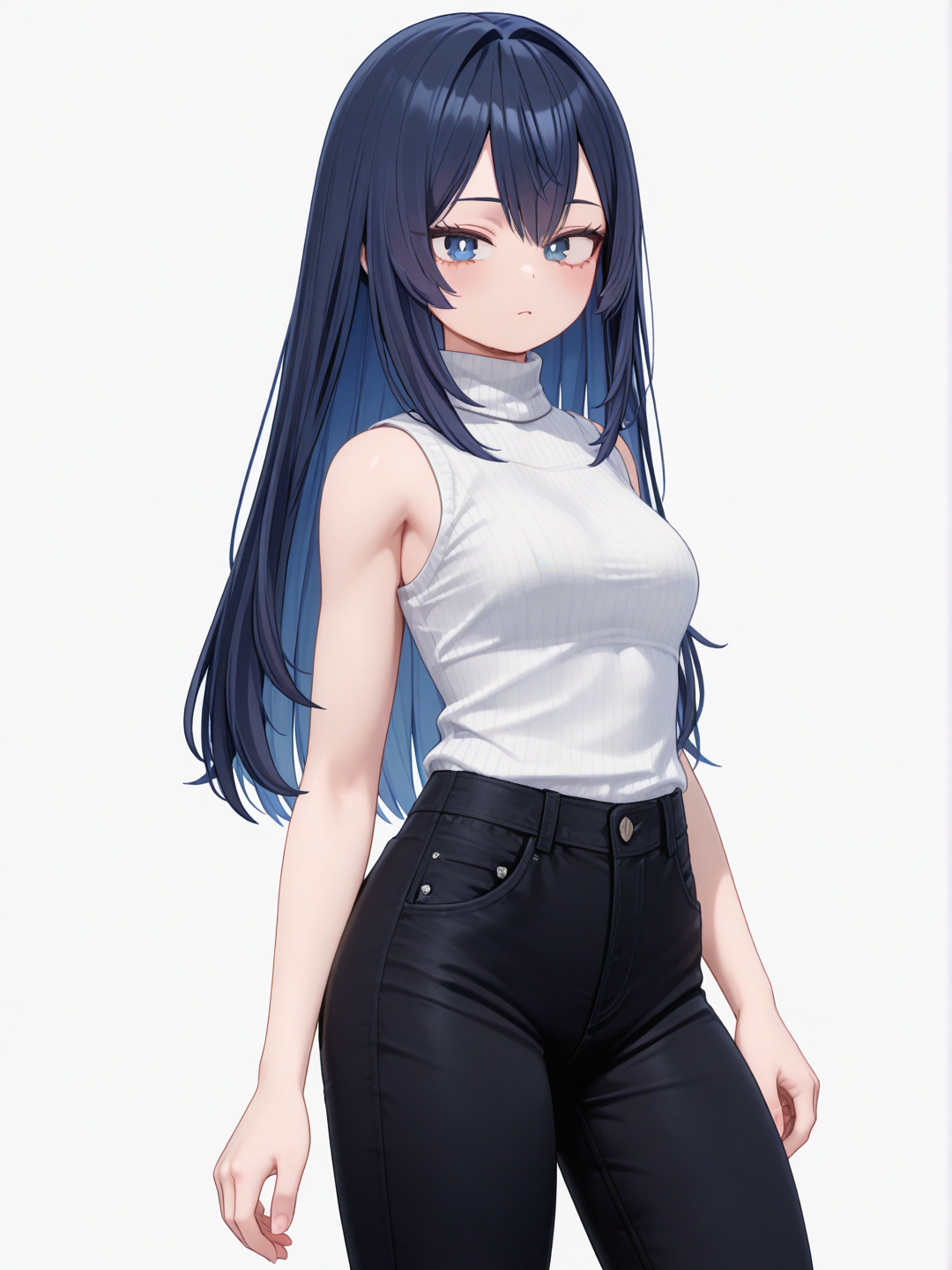[3d-anime-style] 1girl, my_hero_academia_(style), tall, teenager, long_hair, straight_hair, black_hair, blue_hair, blue_eyes, fair_skin, white_sleeveless_turtleneck, black_pants, single_character, full_body, looking_at_viewer, simple_background, white_background