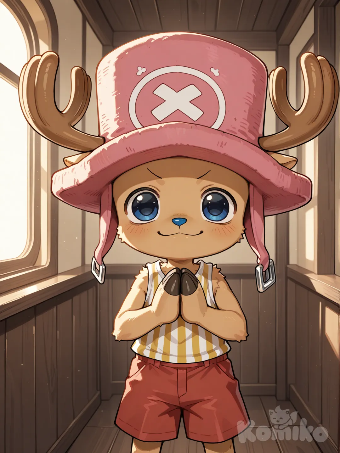 Tony Tony Chopper — a small, gentle anthropomorphic reindeer aboard the Thousand Sunny. His soft fur glows warmly in the ship’s cozy light. Bright blue eyes full of kindness, a blue nose, and a cheerful, innocent smile that radiates healing and comfort. He wears his iconic pink hat and red shorts, perfectly sized for his tiny frame. His posture is relaxed and trusting, conveying wholesomeness, warmth, and emotional safety. The atmosphere is tender and peaceful, emphasizing Chopper’s role as a healer and gentle soul within the Straw Hat crew.