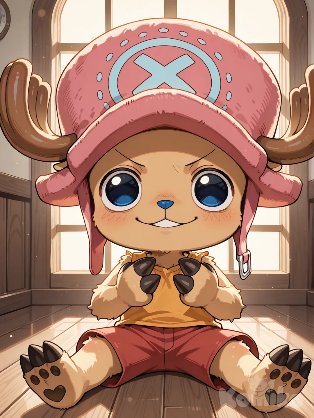 Tony Tony Chopper — a short, small, gentle anthropomorphic reindeer aboard the Thousand Sunny. His soft fur glows warmly in the ship’s cozy light. Bright blue eyes full of kindness, a blue nose, and a cheerful, innocent smile that radiates healing and comfort. He wears his iconic pink hat and red shorts, perfectly sized for his tiny frame. His posture is relaxed and trusting, conveying wholesomeness, warmth, and emotional safety. The atmosphere is tender and peaceful, emphasizing Chopper’s role as a healer and gentle soul within the Straw Hat crew.