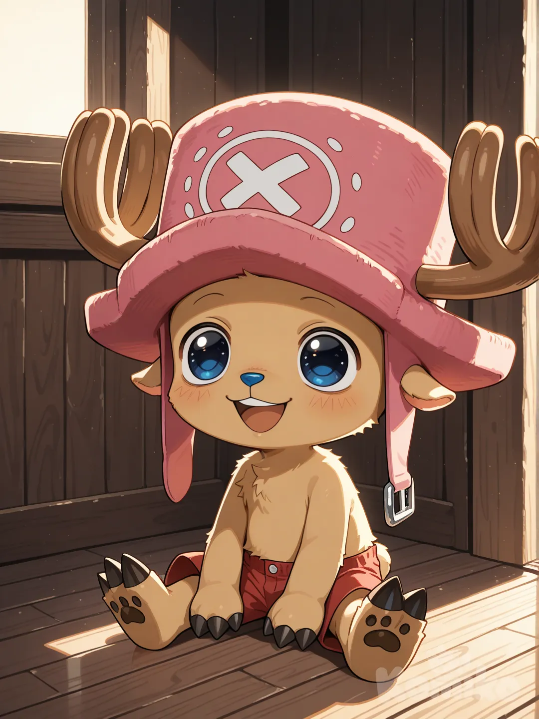 Tony Tony Chopper — a short, small, gentle anthropomorphic reindeer aboard the Thousand Sunny. His soft fur glows warmly in the ship’s cozy light. Bright blue eyes full of kindness, a blue nose, and a cheerful, innocent smile that radiates healing and comfort. He wears his iconic pink hat and red shorts, perfectly sized for his tiny frame. His posture is relaxed and trusting, conveying wholesomeness, warmth, and emotional safety. The atmosphere is tender and peaceful, emphasizing Chopper’s role as a healer and gentle soul within the Straw Hat crew.
