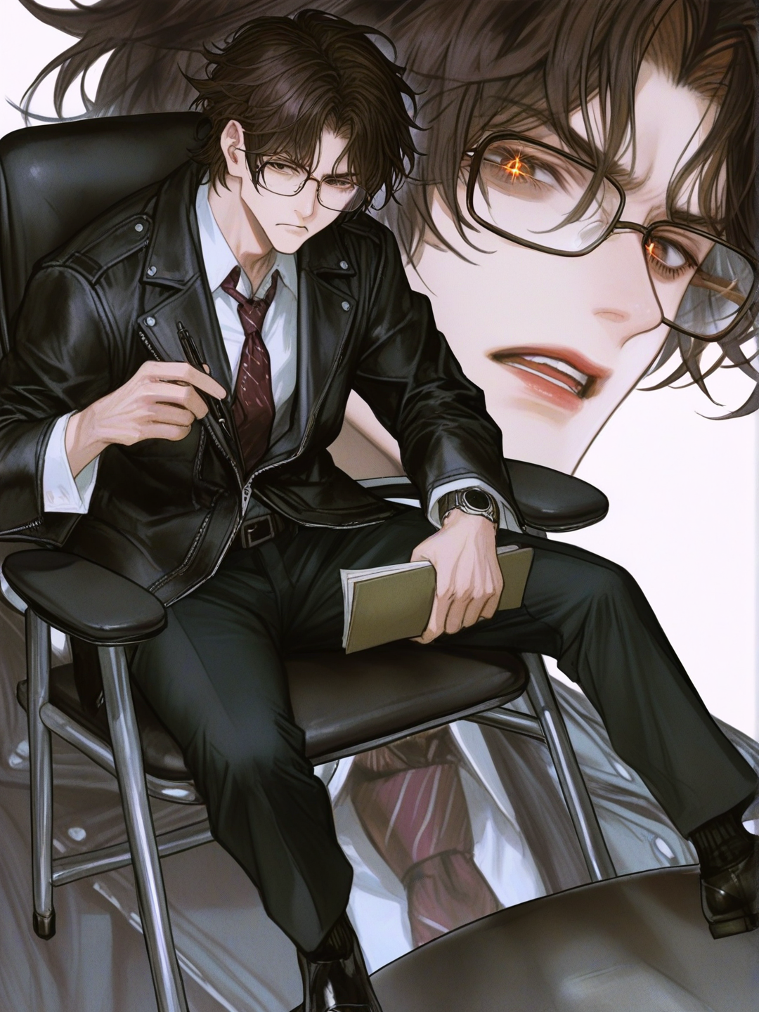 [semi-realistic-portrait-style]1boy, mature, tall, athletic, messy black hair, gradient brown hair, sharp eyes, brown eyes, red spark in eyes, frown, sitting on chair, in office, holding files, glasses, fair skin, leather jacket, suit, mechanical watch, single character, full body, looking at viewer, anime style, simple background, white background