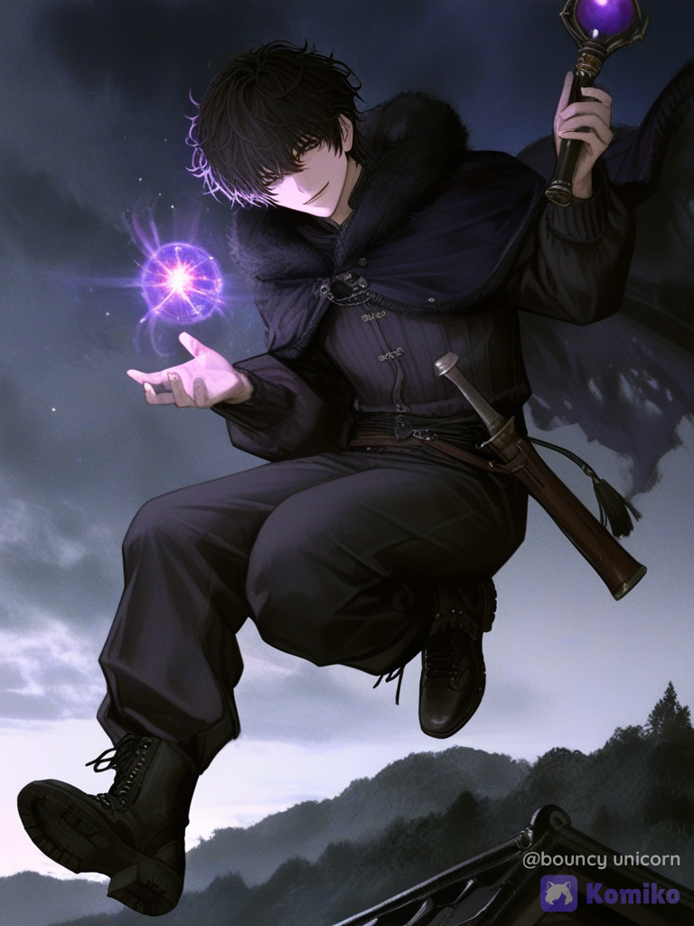 [semi-realistic-portrait-style], 1boy, floating, smirk, witch outfit, sherpa, tassels, lace, silk, magic orb, magic wand, messy hair, combat boots, rainbow, fuchsia, charcoal black, full body, medium long shot, cinematic lighting, stormy sky, starry sky