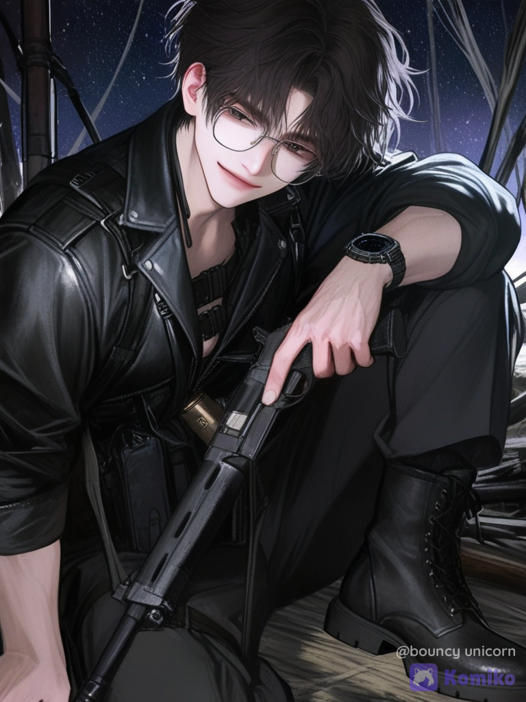 1boy, solo, messy hair, glasses, mechanical watch, chest harness, leather jacket, suit pants, combat boots, holding gun, battlefield, starry sky, glowing particles, burgundy, charcoal black, leather, silk, glossy lips, medium full shot, looking at viewer, semi-realistic, soft shading, manhwa style, digital illustration[semi-realistic-portrait-style], smirk