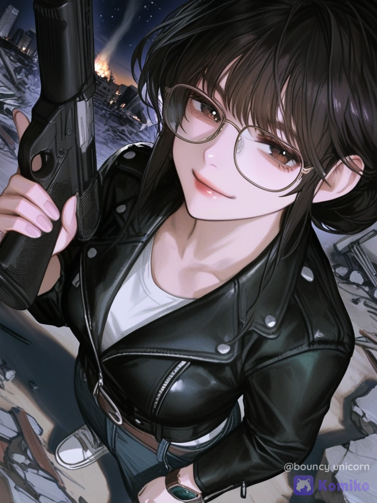 1girl, solo, smirk, holding gun, t-shirt, leather jacket, casual pants, leather, silk, glasses, digital watch, bun, full body, side light, battlefield, starry sky, korean manhwa style, semi-realistic, soft shading, glossy skin, glossy lips, digital illustration, eyes, background, night sky, starry night, destroyed city, rubble, smoke, looking at viewer[semi-realistic-portrait-style], leaning back