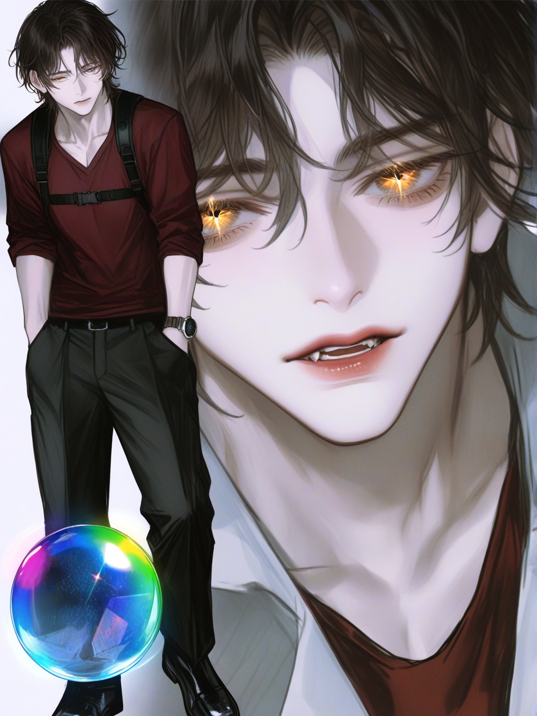 [semi-realistic-portrait-style]1boy, mature, tall, pale skin, sharp jawline, black hair, brown gradient hair, golden eyes, sparkling eyes, sharp eyes, emotionless, glowing eyes, maroon t-shirt, chest harness, black suit, mechanical watch, holding crystal ball, light dispersion, rainbow light refraction, rim light, backlight, glowing hair, glowing face, single character, full body, looking at viewer, anime style, simple background, white background