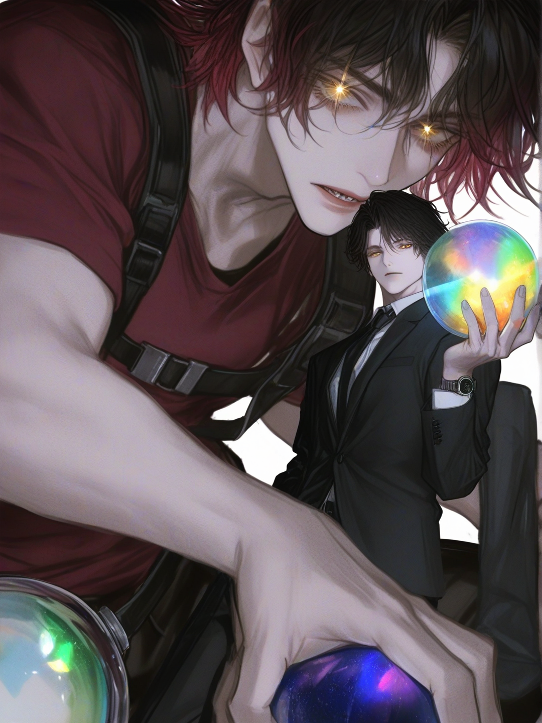 [semi-realistic-portrait-style]1boy, mature, tall, pale skin, sharp jawline, black hair, brown gradient hair, golden eyes, sparkling eyes, sharp eyes, emotionless, glowing eyes, maroon t-shirt, chest harness, black suit, mechanical watch, holding crystal ball, light dispersion, rainbow light refraction, rim light, backlight, glowing hair, glowing face, single character, full body, looking at viewer, anime style, simple background, white background