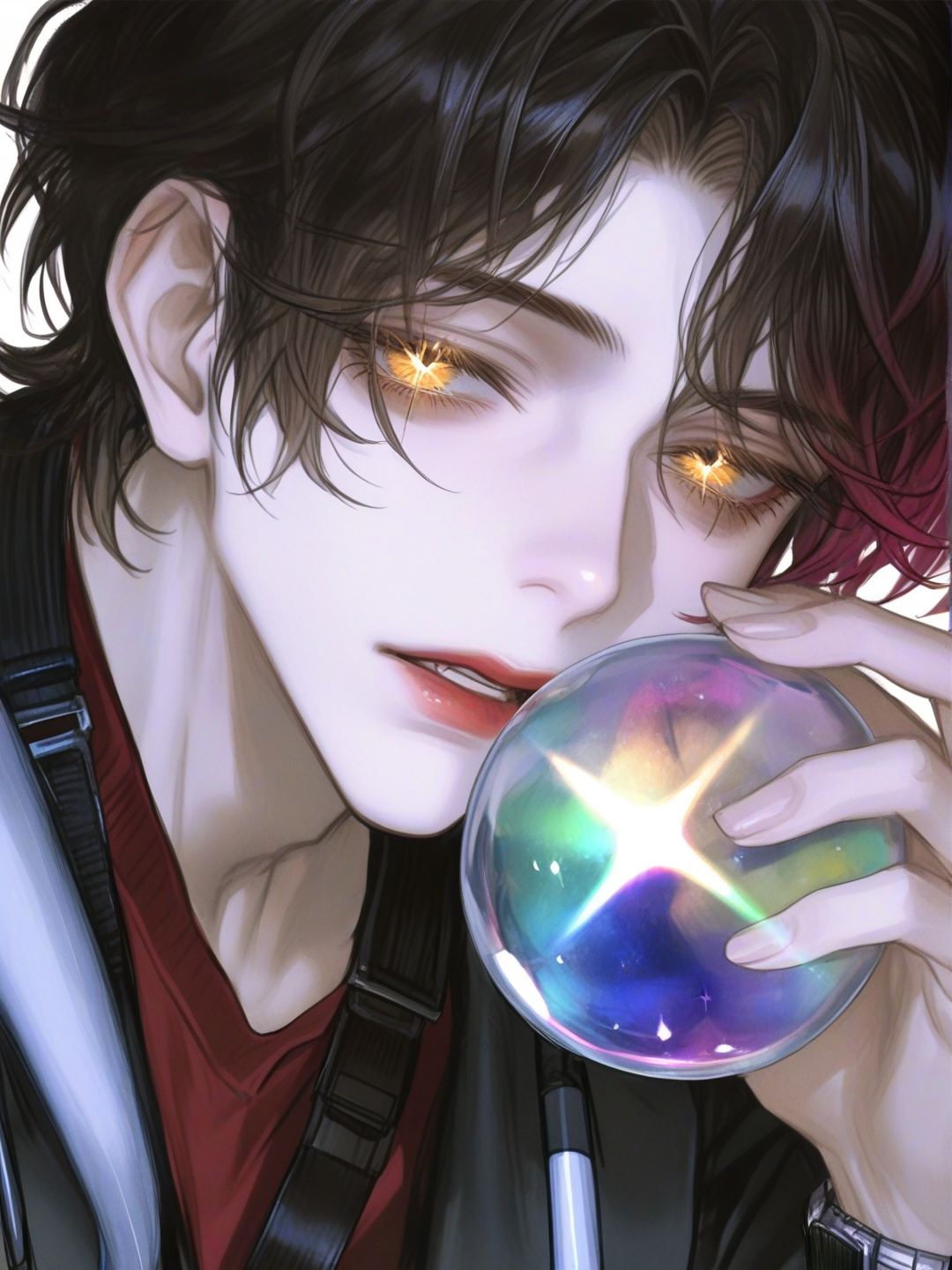 [semi-realistic-portrait-style]1boy, mature, tall, pale skin, sharp jawline, black hair, brown gradient hair, golden eyes, sparkling eyes, sharp eyes, emotionless, glowing eyes, maroon t-shirt, chest harness, black suit, mechanical watch, holding crystal ball, light dispersion, rainbow light refraction, rim light, backlight, glowing hair, glowing face, single character, full body, looking at viewer, anime style, simple background, white background