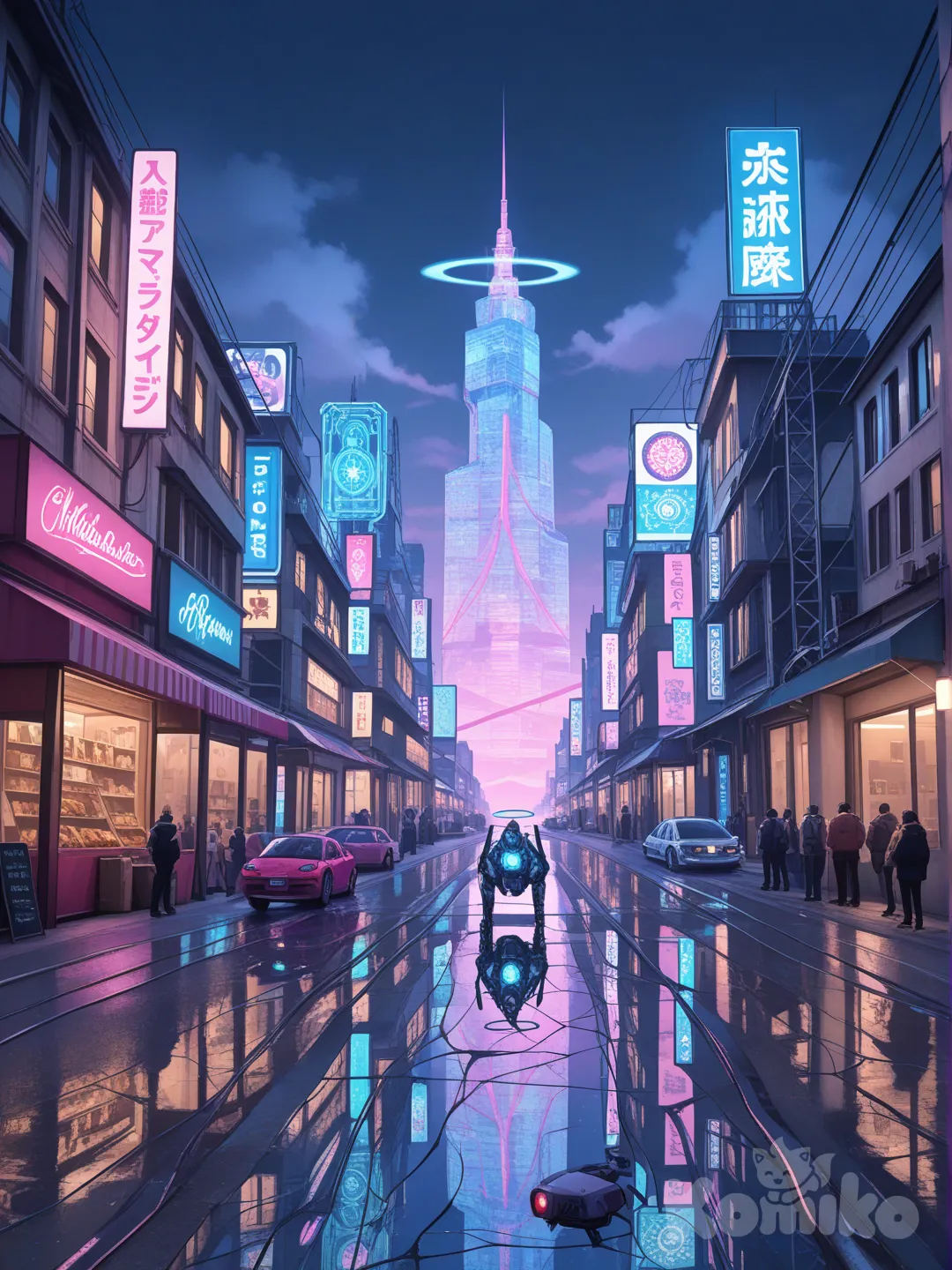 A hyper-photorealistic 16K cinematic render of a sprawling cyberpunk megalopolis at midnight, where towering skyscrapers pierce a smog-choked sky streaked with neon-pink, electric blue, and acid-green hues—their facades covered in massive holographic billboards projecting looping ads in alien scripts and human languages, 3D holographic dancers twirling between buildings, and floating news tickers scrolling through breaking headlines. The skyscrapers vary in design: some are sleek, glass-and-steel monoliths with glowing vertical LED strips, others are jagged, industrial structures with exposed pipelines belching neon-purple steam, and a few ancient, weathered towers wrapped in tangles of fiber-optic cables that glow like bioluminescent vines. Between the buildings, multi-level highways weave like glowing snakes—elevated roads packed with hovercars of all shapes and sizes (sleek corporate shuttles, beat-up street racers, bulky cargo transporters) emitting trails of cyan exhaust, while skybridges made of transparent carbon-fiber connect skyscrapers, bustling with pedestrians in futuristic streetwear (neon-lit jackets, cybernetic augmentations, holographic masks).
Below, the streets are a chaotic tapestry of life: neon-lit food stalls serving synthetic noodles and glowing energy drinks, their awnings flickering with holographic menus; street vendors selling black-market cybernetic parts and bootleg tech from rusted carts; crowds of people—some with glowing eye implants, others with mechanical arms or legs, a few wearing exoskeletons for enhanced mobility—hurrying between destinations, their shadows stretched by the neon lights. Puddles of rainwater (left from a recent downpour) cover the cracked asphalt, reflecting the skyscrapers’ neon glow, the hovercars’ trails, and the flickering signs like shattered mirrors. Steam rises from manholes and street vents, mixing with the smog to create a hazy, atmospheric fog that diffuses the neon light into soft, glowing halos.
Along the edges of the scene, a network of elevated train tracks carries sleek, maglev trains with glowing undercarriages, their windows illuminated by the screens of passengers scrolling through holographic devices. A massive, derelict crane towers over a construction site, its metal frame rusted but adorned with illegal neon graffiti that spells out anti-corporate slogans. Nearby, a canal cuts through the city, its murky water filled with floating debris and bioluminescent algae that glows faint green, while small boats with holographic navigation systems ferry passengers between docks lined with rusted shipping containers converted into makeshift homes or shops.
In the distance, a colossal corporate headquarters dominates the skyline—a pyramid-shaped structure with a massive holographic logo projecting from its peak, surrounded by a force field of pulsing blue energy. To the right, a slum district clings to the side of a skyscraper, its ramshackle dwellings made of scrap metal and repurposed tech, connected by rickety walkways and zip lines, their windows glowing with warm, dim light. Above, drones zip through the air—some are corporate surveillance drones with red searchlights, others are small, personal drones carrying packages or recording footage