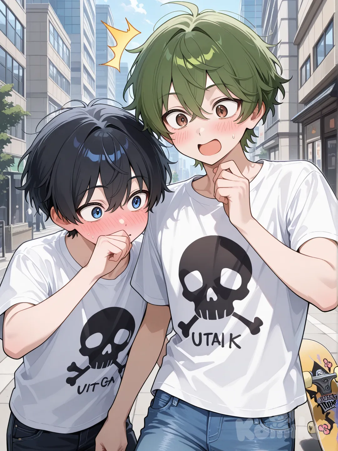 2boys one has green hair and blue eyes and a white shirt on with some jeans he was skate boarding and bumped into the other boy who has brown eyes and black hair this guy is blushing the one with the brown eyes is blushing and the one with green is close to his face and the one with the brown eyes is in a skull shirt when the other is super close to his face