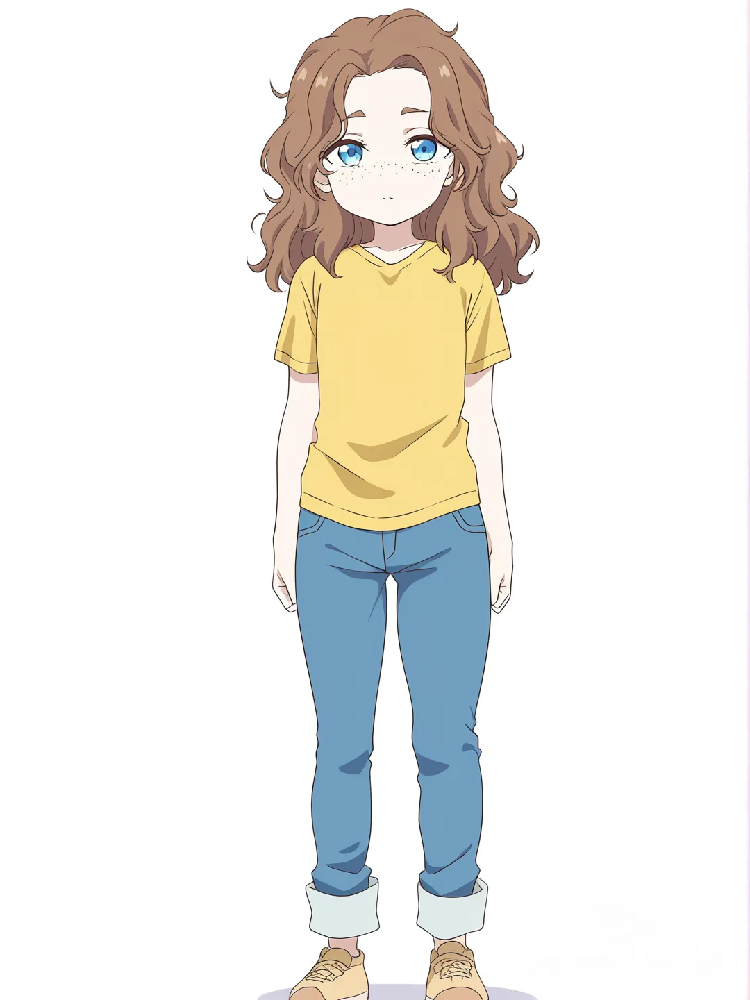 [bright-anime-style] 1girl, child, short, petite, light_blue_eyes, freckles, pale_skin, brown_hair, medium_hair, wavy_hair, half_up_hair, gold_t-shirt, jeans, single character, full body, looking at viewer, anime style, simple background, white background