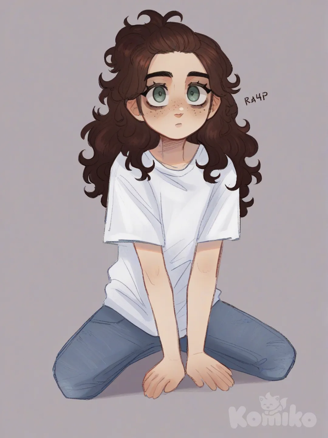 [soft-shaded-moe-style] 1girl, child, short, petite, light_blue_eyes, freckles, pale_skin, brown_hair, medium_hair, wavy_hair, half_up_hair, gold_t-shirt, jeans, single character, full body, looking at viewer, anime style, simple background, white background