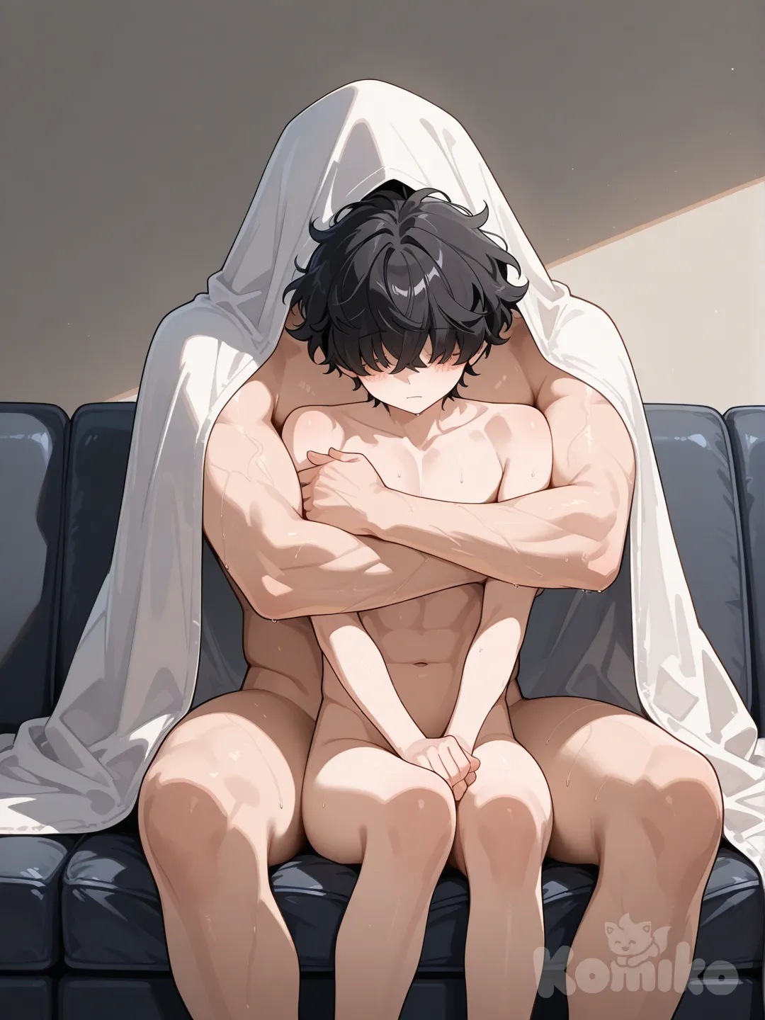 18+, A cute, fair-skinned young man with short, messy, blue-tipped hair covering his eyes, a thin figure, sat on a sofa. His handsome, muscular older brother, with short, wavy, black hair covering his eyes, sat on the sofa, hugging his younger brother tightly. On his head, there was a blanket covering his head. Both were naked. The older brother was big and hugged his younger brother.