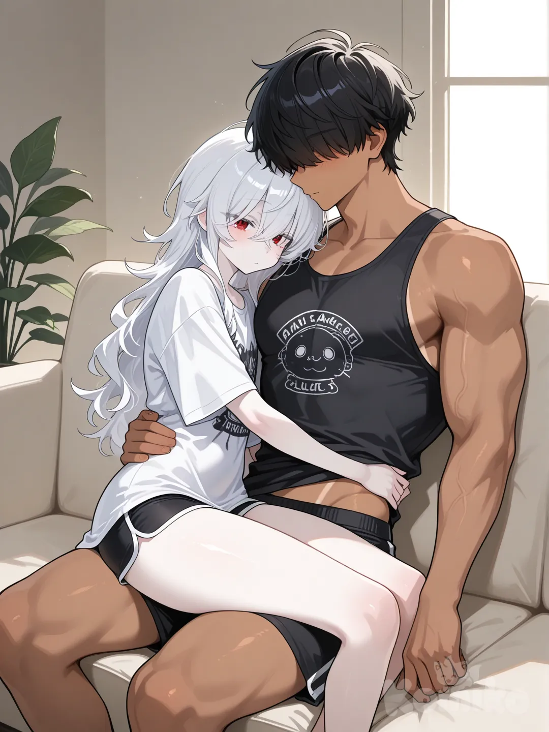 18+, Jim, a muscular young man with wavy black hair, handsome, tanned skin, wearing a tight-fitting black tank top and black boxer shorts.Ryu is a slender young man with a narrow waist and shapely hips, a cute face, short wavy white hair that covers his red eyes, and fair skin. He's wearing an oversized t-shirt belonging to Jim.Jim sat on the sofa and Ryu sat on Jim's lap, Jim holding Ryu and showing him affection.