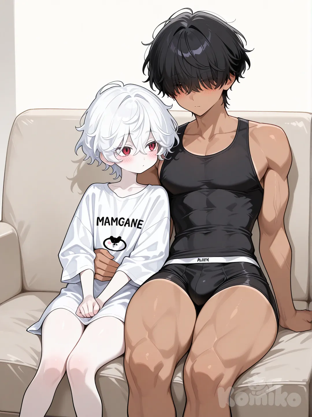 18+, Jim, a muscular young man with wavy black hair, handsome, tanned skin, wearing a tight-fitting black tank top and black boxer shorts.Ryu is a slender young man with a narrow waist and shapely hips, a cute face, short wavy white hair that covers his red eyes, and fair skin. He's wearing an oversized t-shirt belonging to Jim.Jim sat on the sofa and Ryu sat on Jim's lap, Jim holding Ryu and showing him affection.