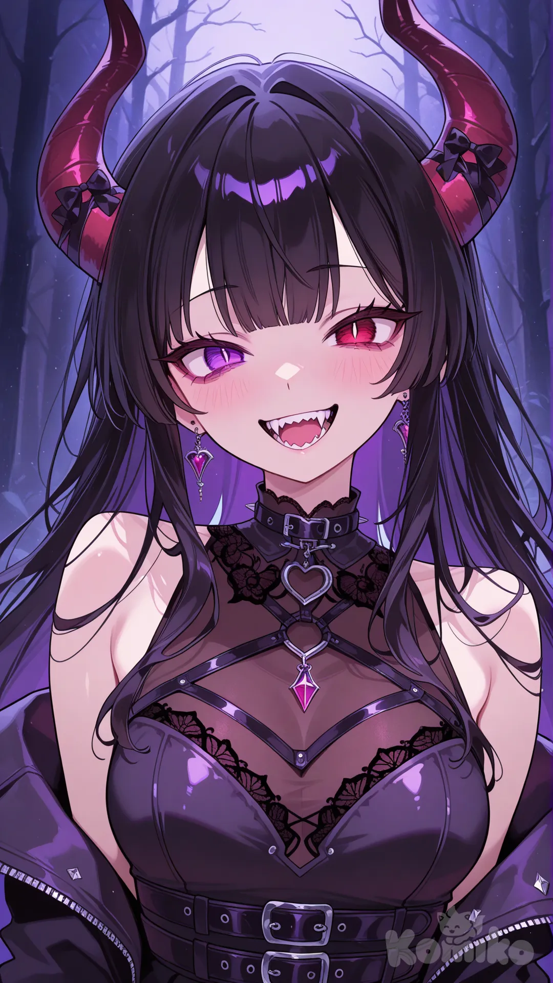 demon girl, crazy smile, crazy smile, black hair, purple eyes, red eyes, 1girl