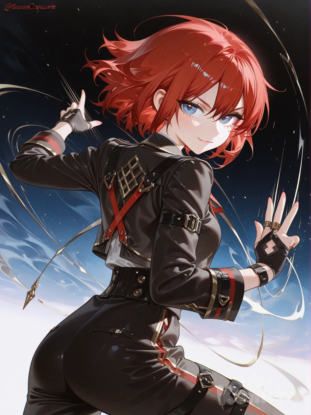 1girl, pose de prepara para pelear, smile, red hair, blue eyes, vista de atras 3/4, movimiento, [high-gloss-illustration-style]