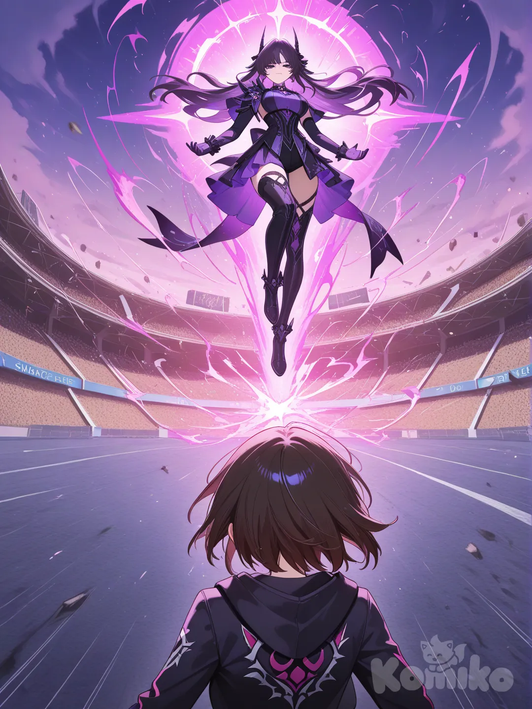 choque de poderes, escenario enorme, efectos brutales, movimiento, fuerza, enfrentamiento final, 2girls, luces cinematográfica, perspectiva profundidad, ilustración detallada