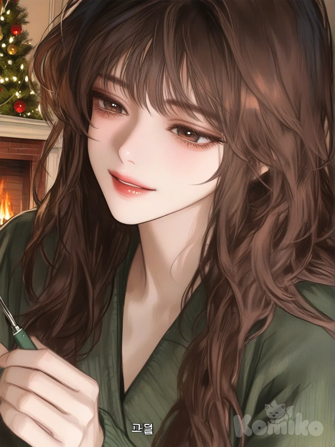 [semi-realistic-portrait-style] girl decorating the christmas tree, brunette, happy, christmas tree, merry christmas, fireplace, lightning, garland