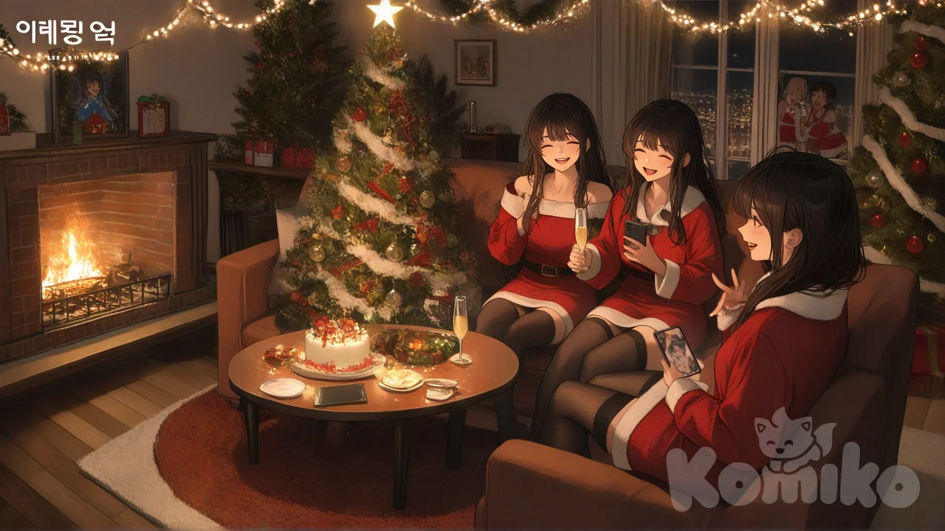 [semi-realistic-portrait-style] 3 people, selfie, christmas, christmas tree, merry christmas, cozy sofa, champagne, fireplace, warm home, carpet, chrismas decorations, magic, fun, decorating the christmas tree, selebration