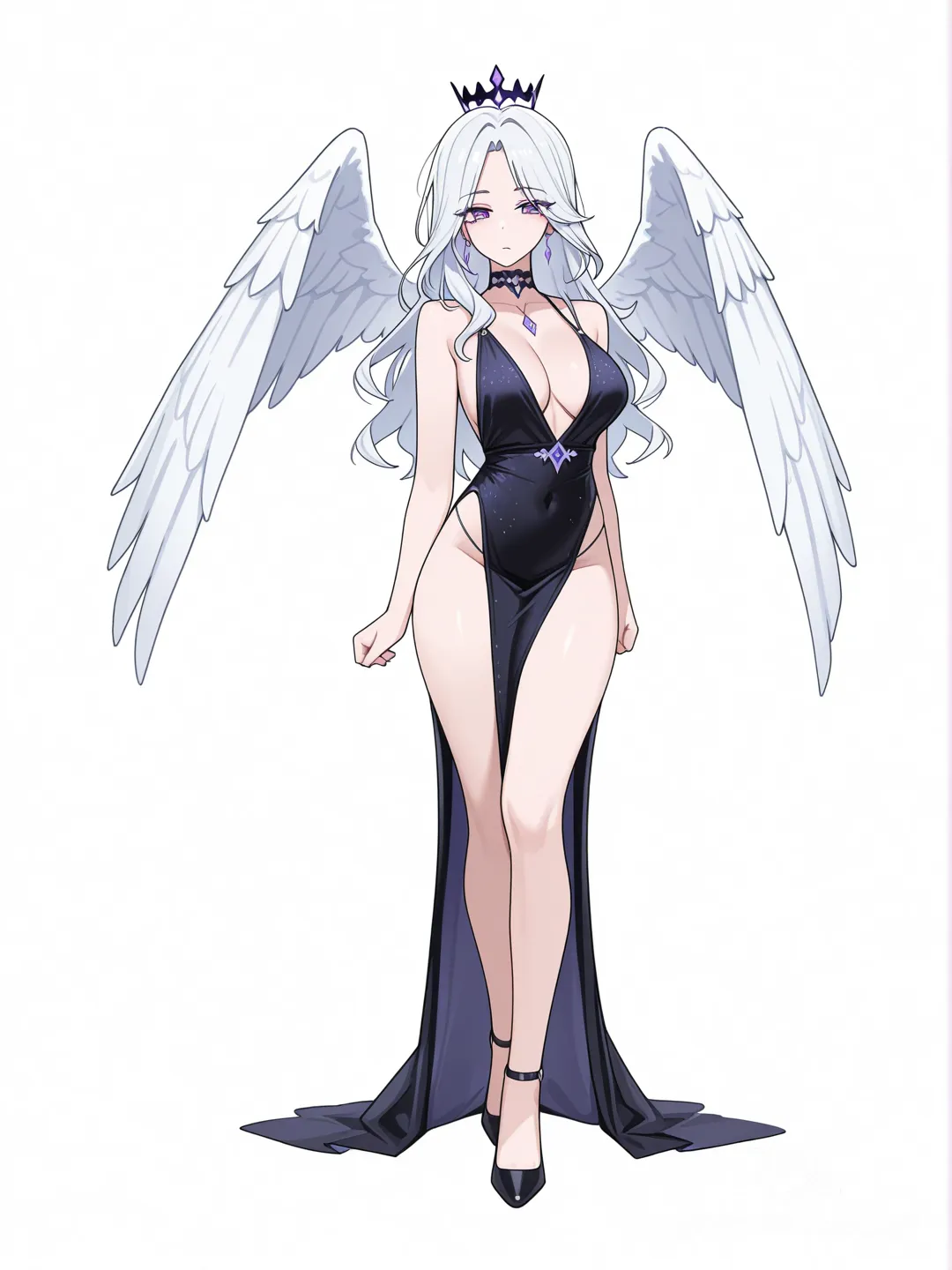 [toon-shaded-style] 1girl, genshin impact style, semi_realistic, teenager, curvy, slim, white hair, long hair, purple eyes, fair skin, low-cut black evening dress, high leg slit, choker, diamond jewelry, crown, angel wings, single character, full body, looking at viewer, simple background, white background
