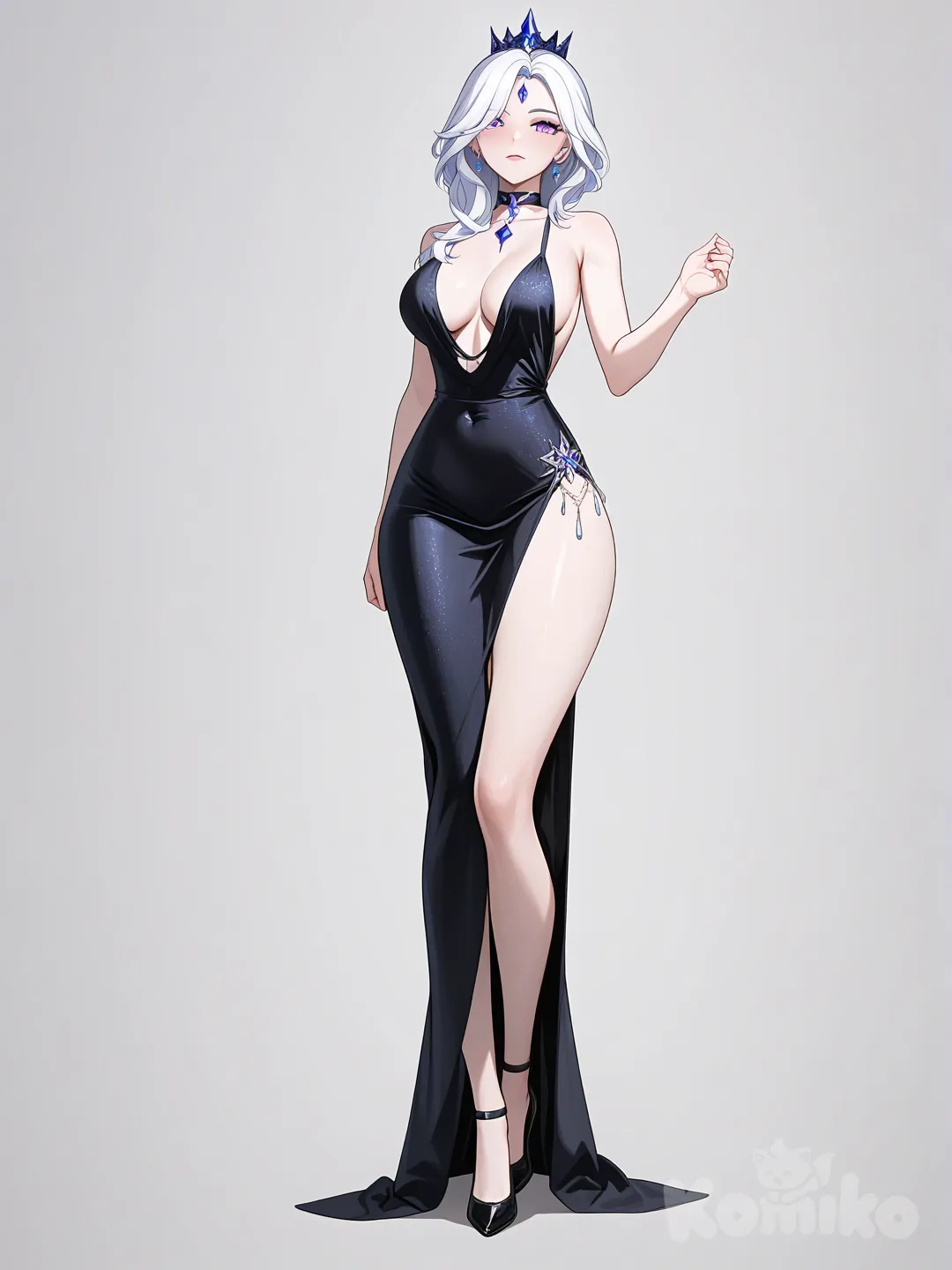 [bright-anime-style] 1girl, genshin impact style, semi_realistic, original character, teenager, curvy, slim, white hair, purple eyes, fair skin, low-cut black evening dress, high leg slit, choker, diamond jewelry, crown, single character, full body, looking at viewer, simple background, white background