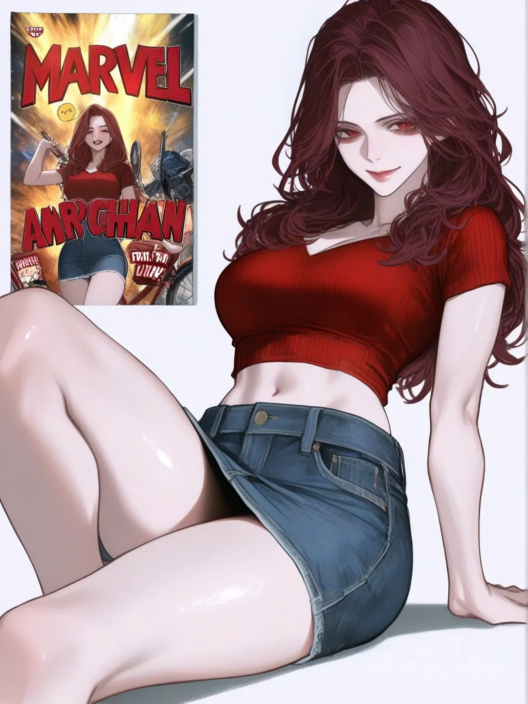 [semi-realistic-portrait-style] 1girl, american comic style, digital color comicbook style, marvel style, superhuman, mature, curvy, slim, maroon hair, long hair, red eyes, fair skin, crop top, denim skirt, single character, full body, looking at viewer, simple background, white background