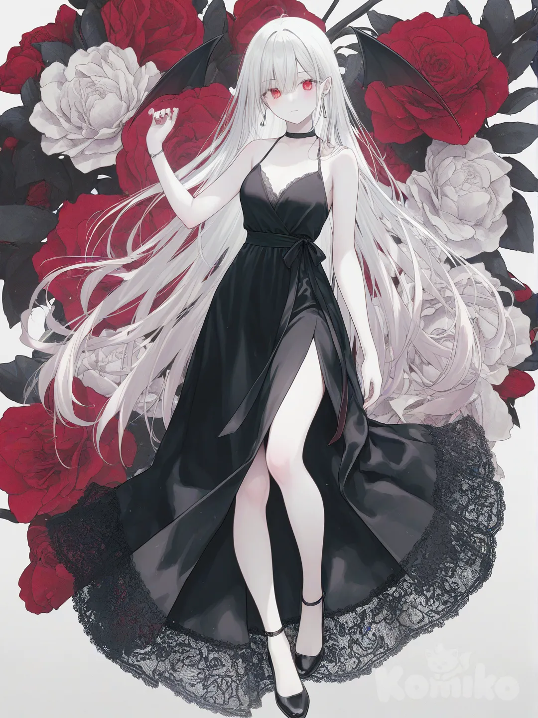 [soft-pastel-style] 1girl, marvel_(style), superhuman, original character, american comic, digital color comicbook style, vintage comic, vampire, teenager, curvy, slim, white hair, long hair, red eyes, pale skin, black evening dress, lace, single character, full body, looking at viewer, simple background, white background