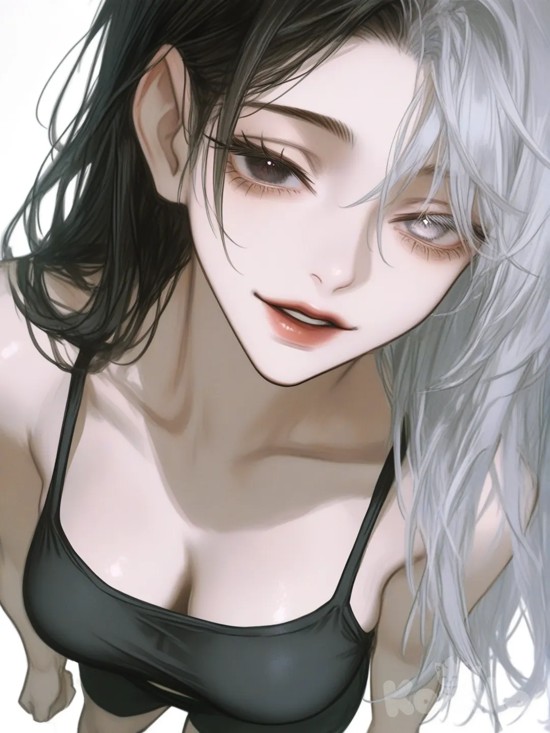 [semi-realistic-portrait-style] 1girl, jujutsu kaisen style, teenager, curvy, slim, black hair, white hair, long hair, side-parted hair, heterochromia, black eyes, white eyes, fair skin, single character, full body, looking at viewer, simple background, white background