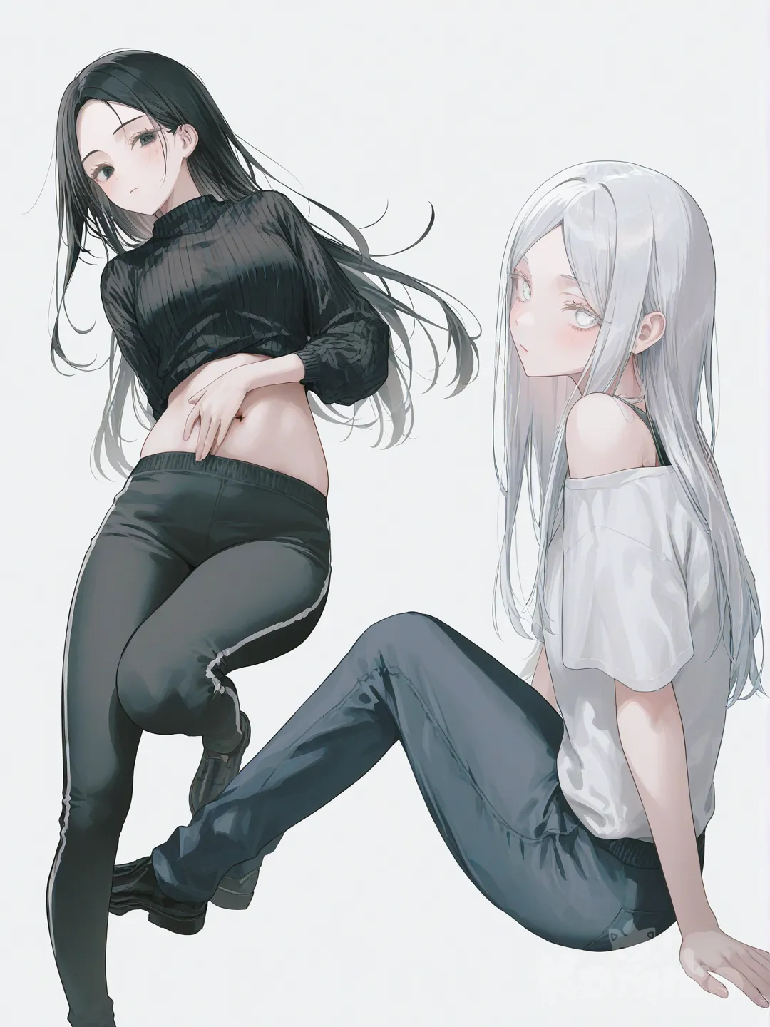 [soft-pastel-style] 1girl, jujutsu kaisen style, teenager, curvy, slim, black hair, white hair, long hair, side-parted hair, heterochromia, black eyes, white eyes, fair skin, single character, full body, looking at viewer, simple background, white background