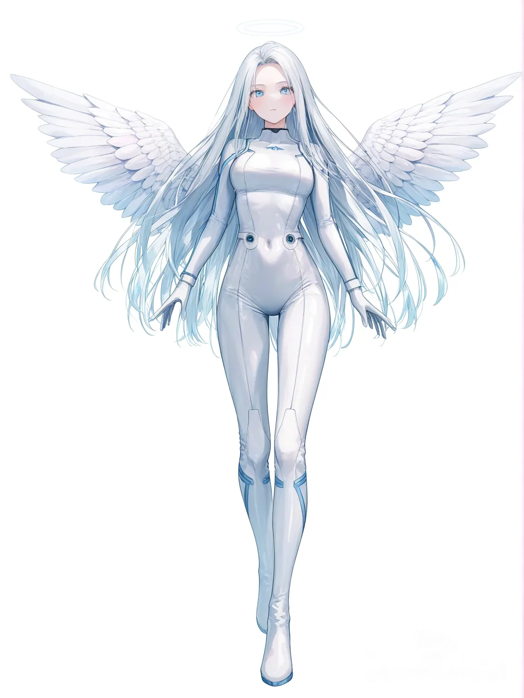 [soft-pastel-style] 1girl, invincible_style, teenager, curvy, slim, white_hair, long_hair, blue_eyes, fair_skin, super_suit, plastic, angel_wings, single character, full body, looking at viewer, simple background, white background