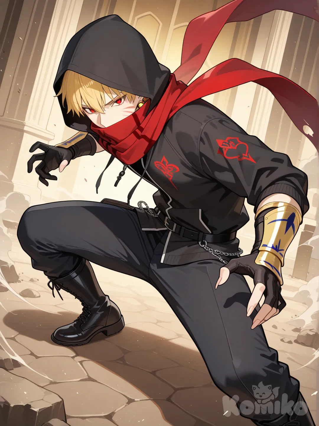 gilgamesh (fate), chaqueta negra con capucha, camisa negra mangas largas, pantalon negro, bufanda roja que cubre la boca, guantes negro uñas largas, ojos rojos, protectores metalicos en los bracos , sinturon negro, botas negras, pose de batalla, marcas felinas en las mejillas