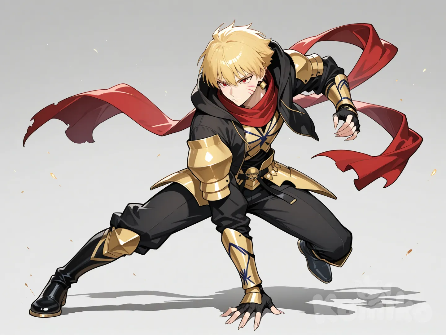 Gilgamesh, black hooded jacket, long-sleeved black shirt, black pants, red scarf covering his mouth, black gloves with long nails, red eyes, metal protectors on his arms, black belt, black boots, battle pose, feline markings on his cheeks