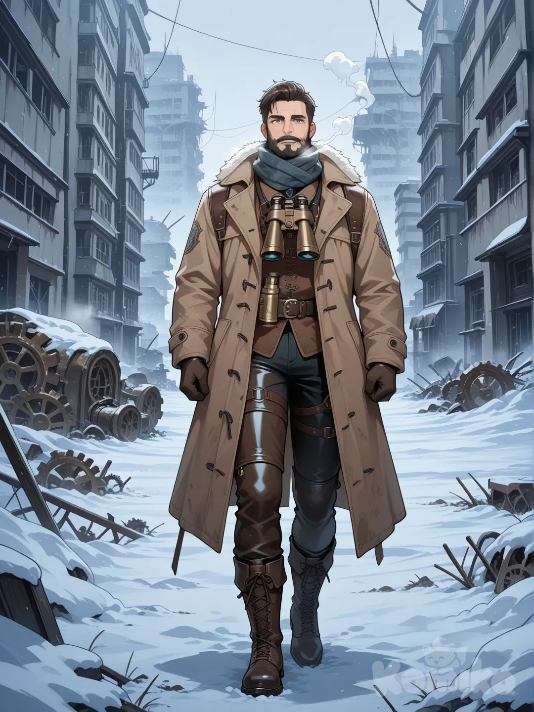 Post apocalyptic steam punk world. Man with winter outfit and a brass binoculars strapped around neck, full beard