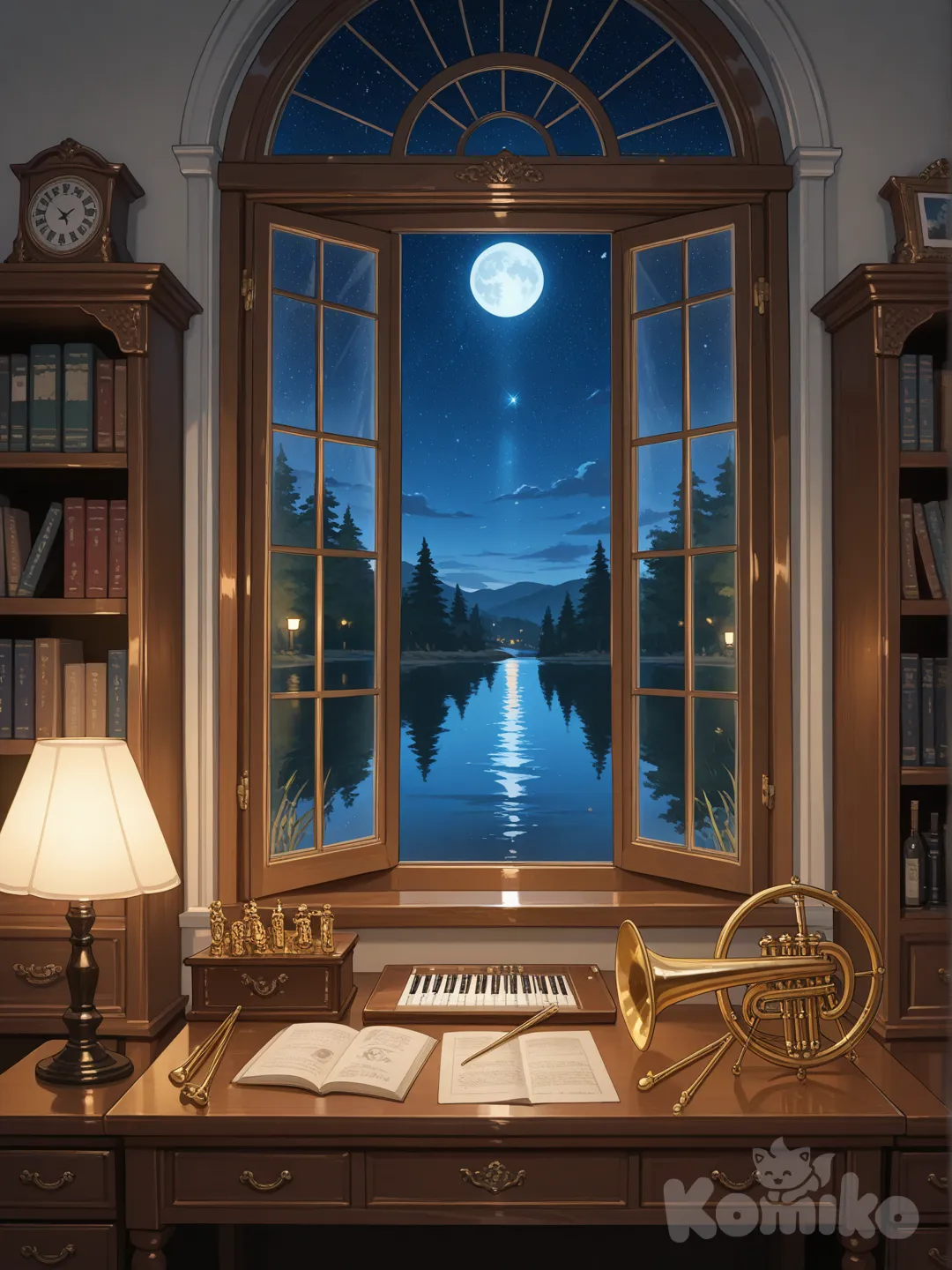 A work office in victorian era style with a lot of brass tools, the office table has a big window in front of it with overlook over a South Italian lake, it is night time and the work lamp on the table is on and the the moon lights up the water in the lake, victoroan era architecture office