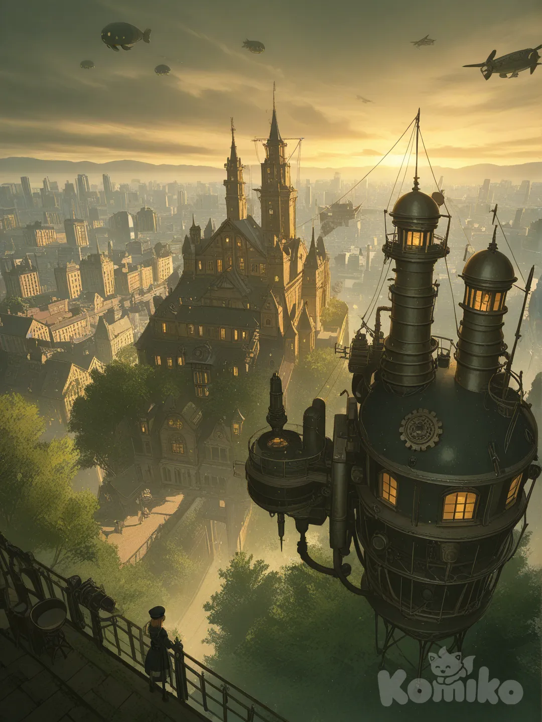 A steampunk city with a skyline full of blimps floating in the sky, the cityhas a steel gence surrounding it with a dense forrest just outside the fence