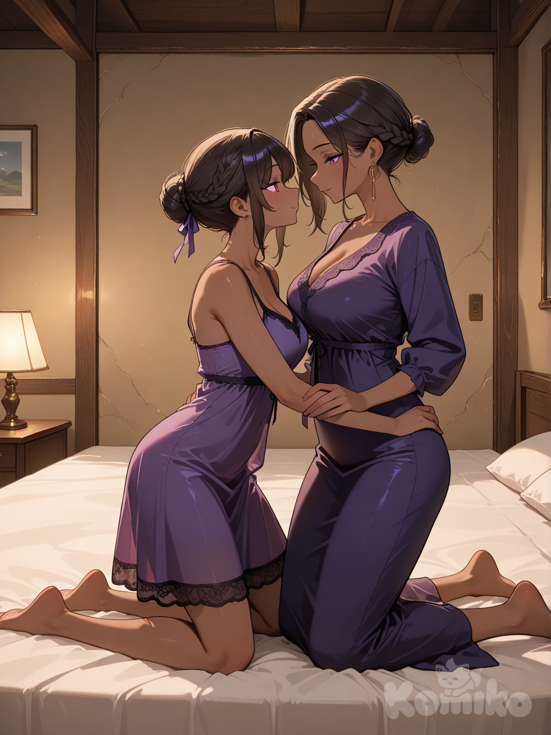 Two African women in bed, they are kneeling and touching each other, they are wearing purple silk night dress, they have braided hair in a bun